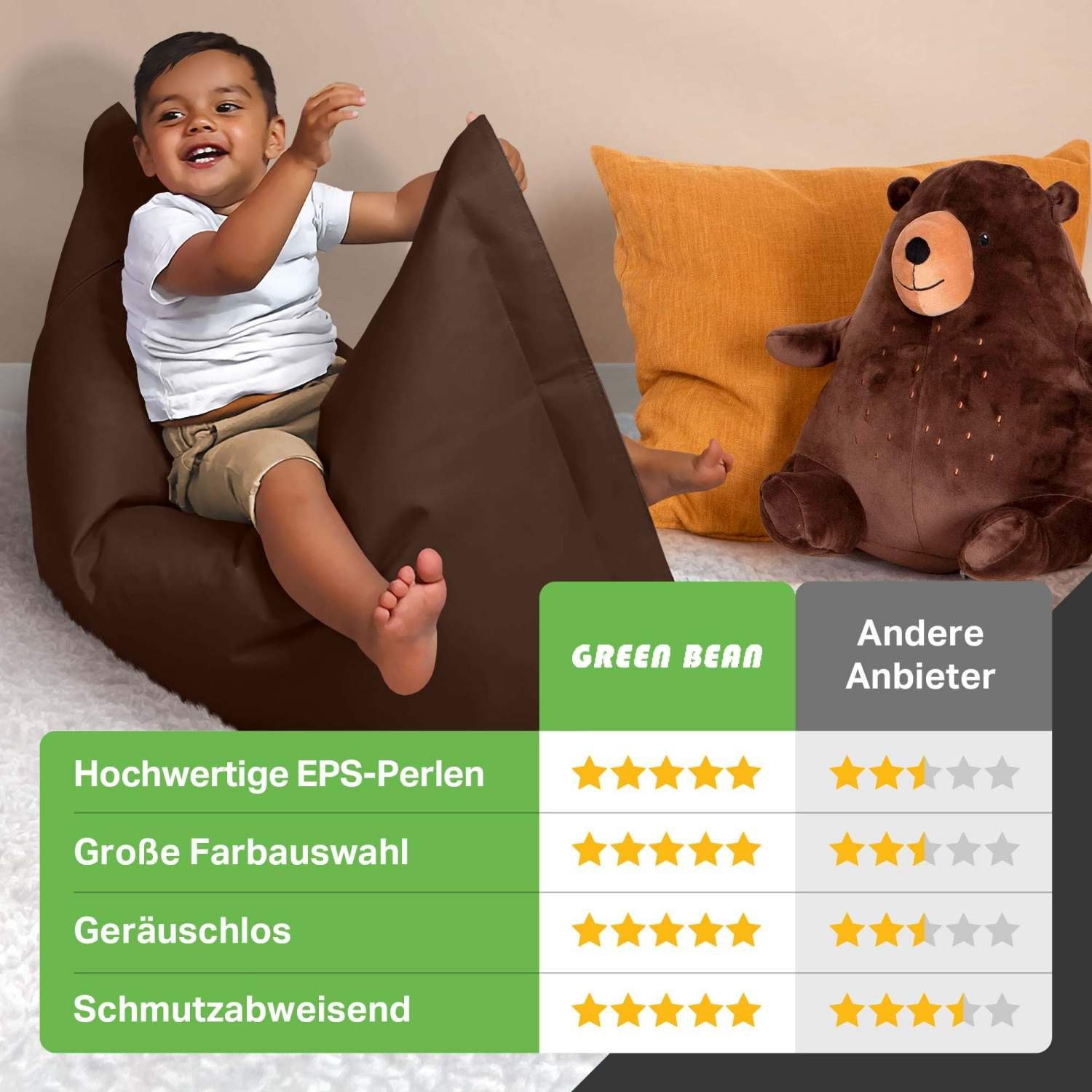 Indoor (Kinder-Sitzsack Sitzkissen 70x100cm & & EPS-Perlen Green Jungen Liegekissen dunkelbraun Sitzsack für BeBi Bean - & Füllung, Sessel 70 - Bag Riesensitzsack Mädchen Bodenkissen), Bean Liter Outdoor