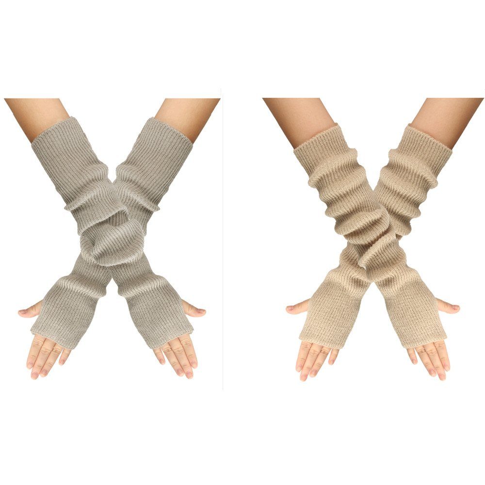 XDeer Handschuhe,Winter Damen Strickhandschuhe Fingerlose gray+beige Stricken Armstulpen für Paar Lange mit Daumenloch Halbfingerhandschuhe 2