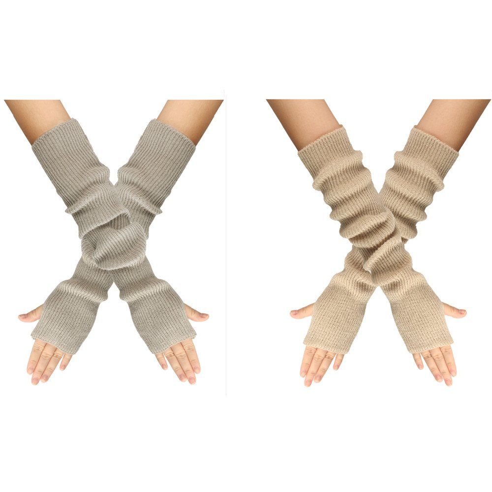 XDeer Strickhandschuhe 2 Paar Lange Fingerlose Handschuhe,Winter Stricken Halbfingerhandschuhe Armstulpen mit Daumenloch für Damen gray+beige