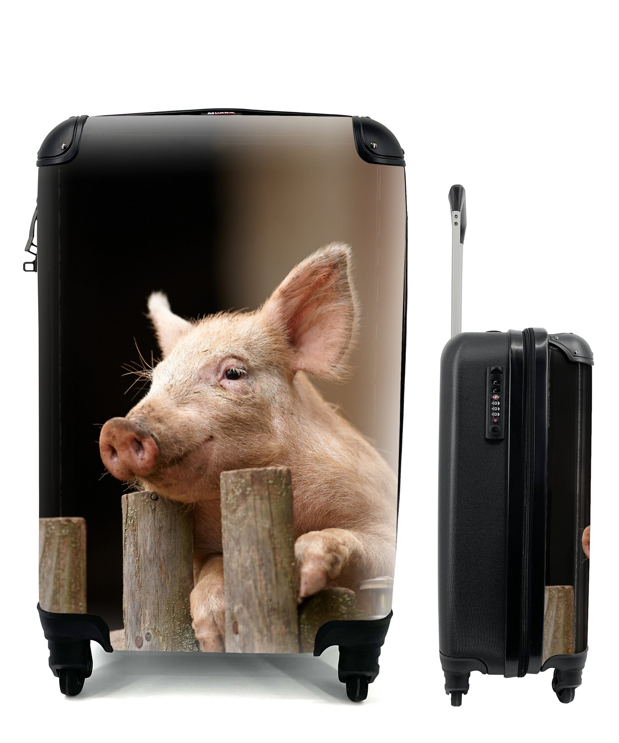MuchoWow Handgepäckkoffer Schwein - Tier - Zaun, 4 Rollen, Reisetasche mit rollen, Handgepäck für Ferien, Trolley, Reisekoffer