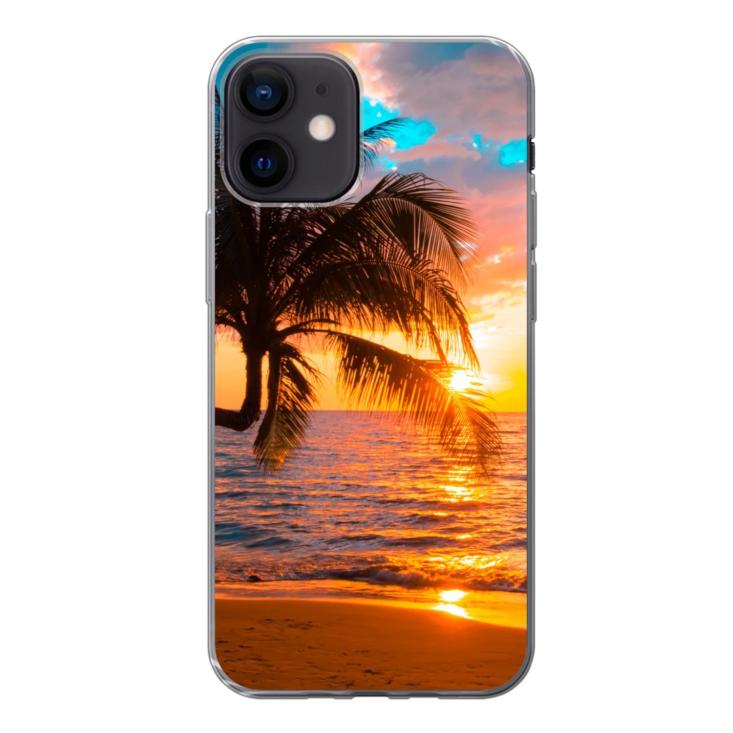 MuchoWow Handyhülle für Apple iPhone 12 Palme - Sonnenuntergang - Horizont - Strand - Meer, Smartphone-Bumper, Print, Handy Schutzhülle Dünn