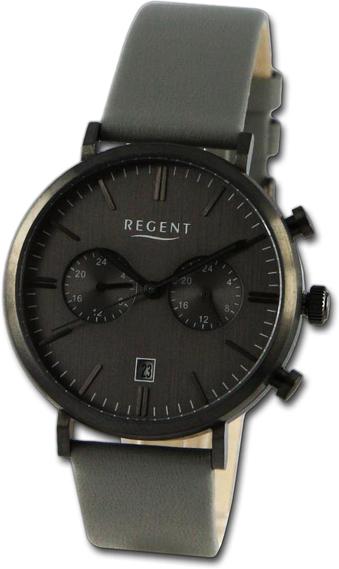 Regent Quarzuhr Regent Herren (ca. Gehäuse, Lederarmband Herrenuhr dunkelgrau, Analog, groß 41mm) rundes Armbanduhr
