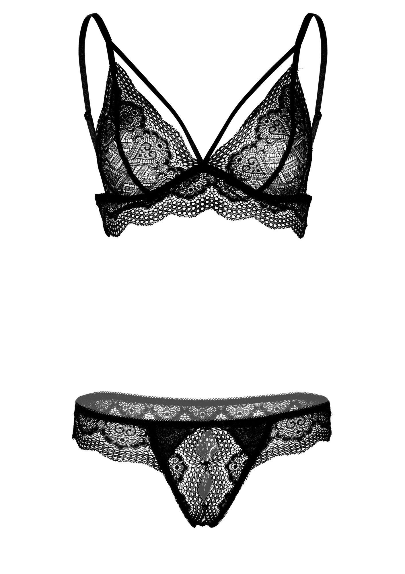 Daring Intimates Set: Bügelloser BH Dessous-Set: BH und String - schwarz (2-tlg) Spitze, transparent