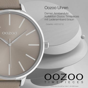OOZOO Quarzuhr Oozoo Damen Armbanduhr braun Analog, (Analoguhr), Damenuhr rund, extra groß (ca. 48mm) Lederarmband, Fashion-Style