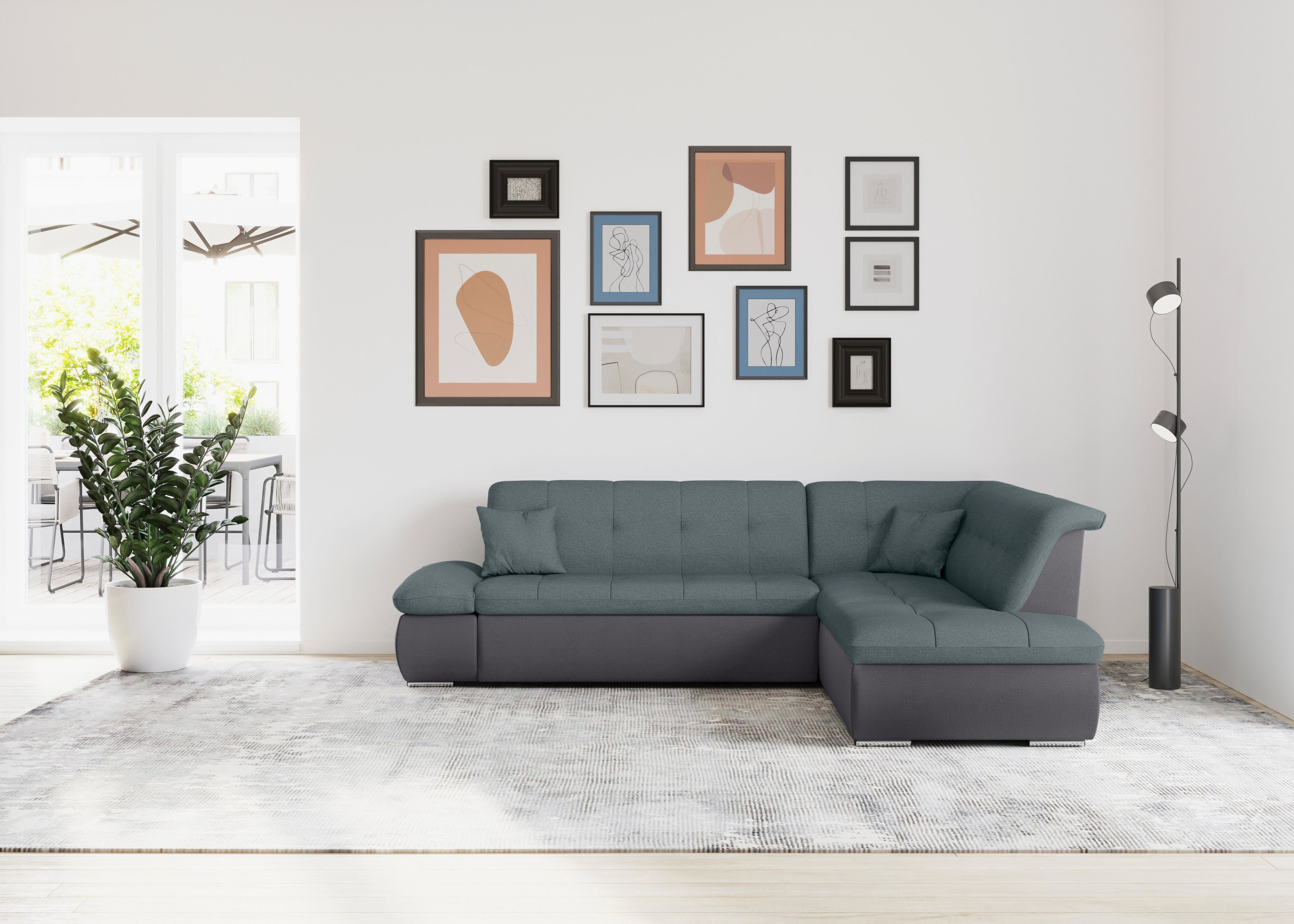 DOMO collection Ecksofa Bettfunktion Moric, Armlehnenverstellung grau/eisblau mit und grau | wahlweise eisblau 