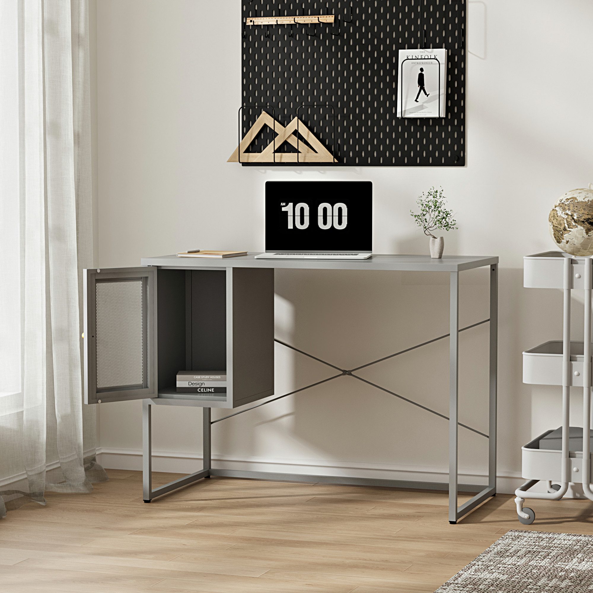 en.casa Schreibtisch, »Sund« mit Ablagefach rechteckig Stahl 75x100x50 cm Grau