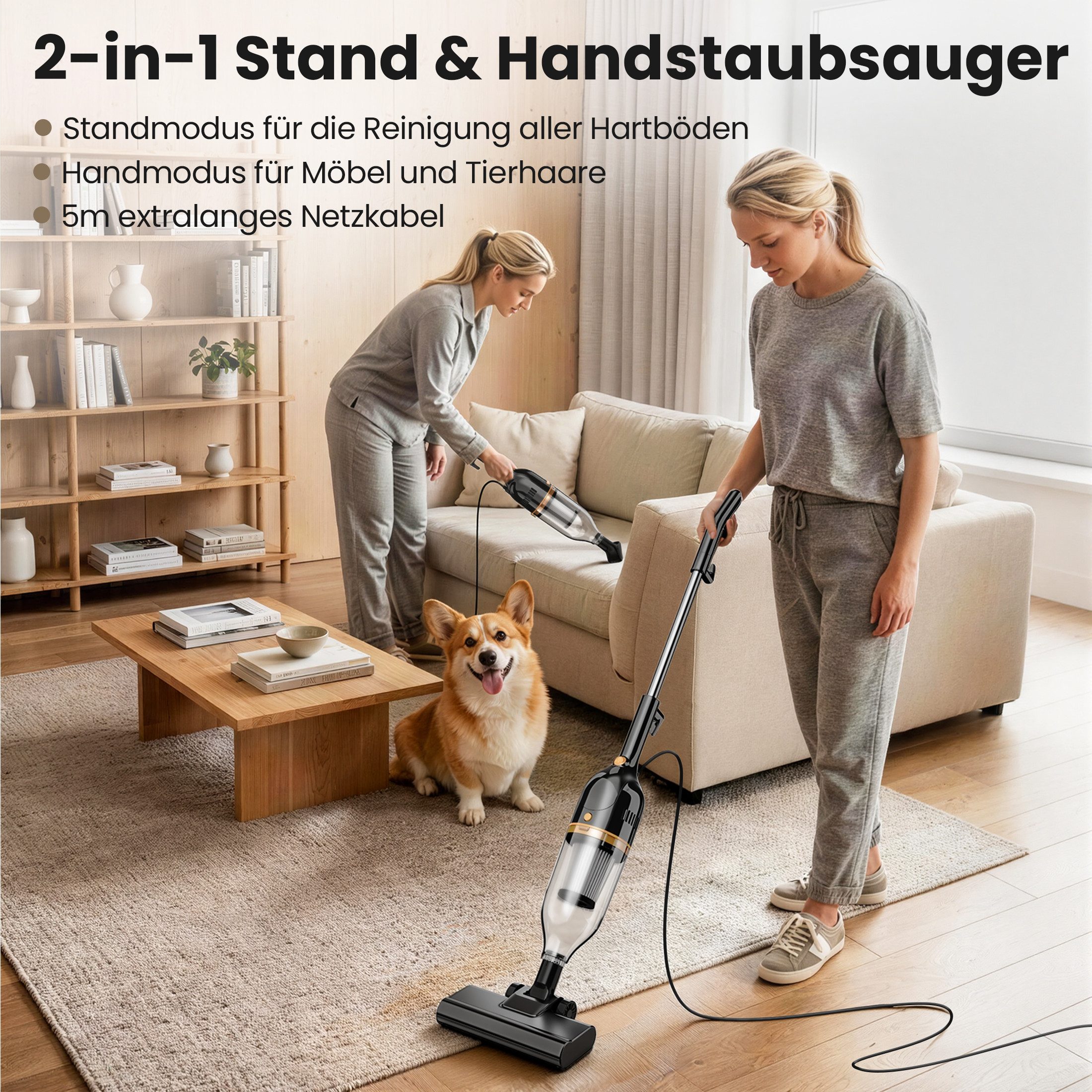 INSE Hand-und Stielstaubsauger R7 Kabelgebundener Stabstaubsauger, 600 W, beutellos, Leichtgewicht,kabelgebunden,600W Hochleistungsmotor
