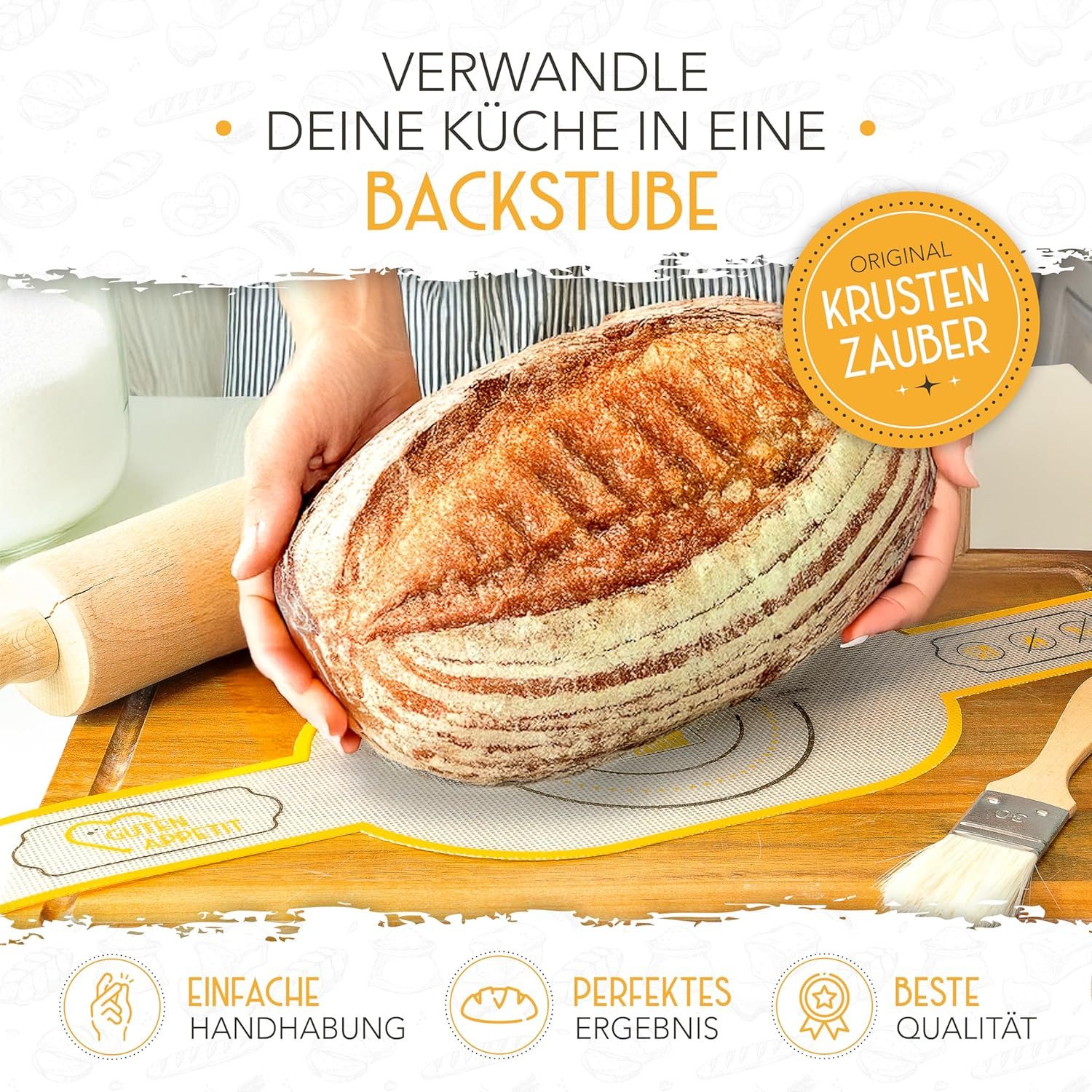 Krustenzauber Backmatte Zubehör - Brotschlingen, Schneebesen, Backmatte, Teig Reinigungstücher, 1x Brotschlinge Oval