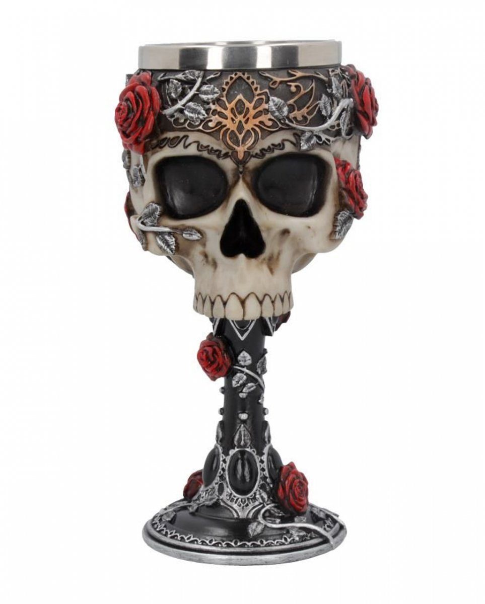 Dekofigur Mit Rosen verzierter Totenkopf Kelch als edle Tisc