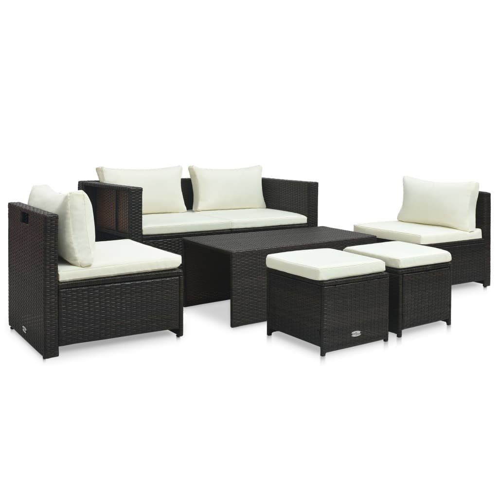 vidaXL Gartenlounge-Set 6-tlg. Garten-Lounge-Set mit und (6-tlg) Braun, Braun Rattan Weiß Poly Auflagen