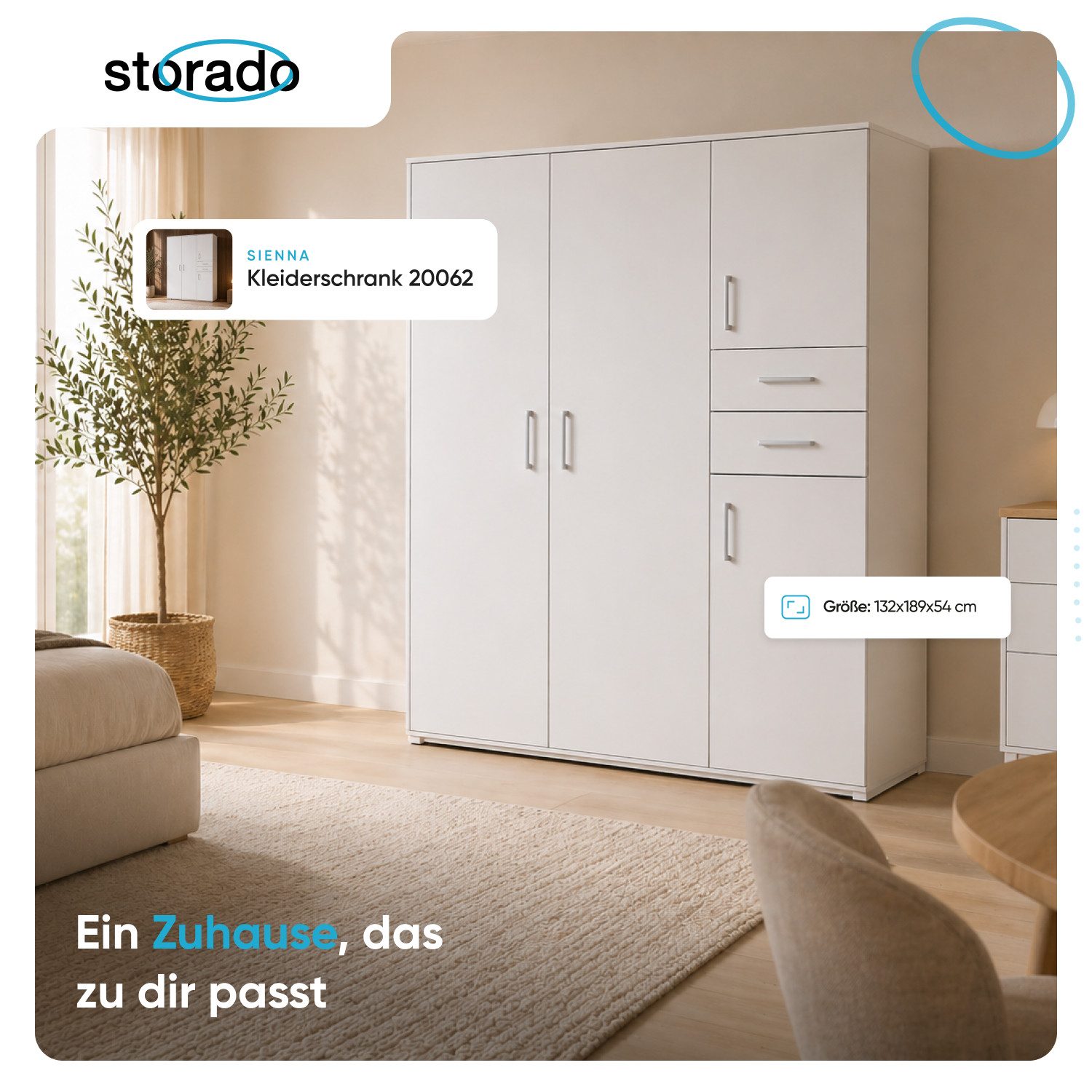 Storado Kleiderschrank Sienna 132×189×54cm, Kleiderschrank mit 4 Türen, Farbe wählbar 4 Türen und 2 Schubladen für großzügigen Stauraum