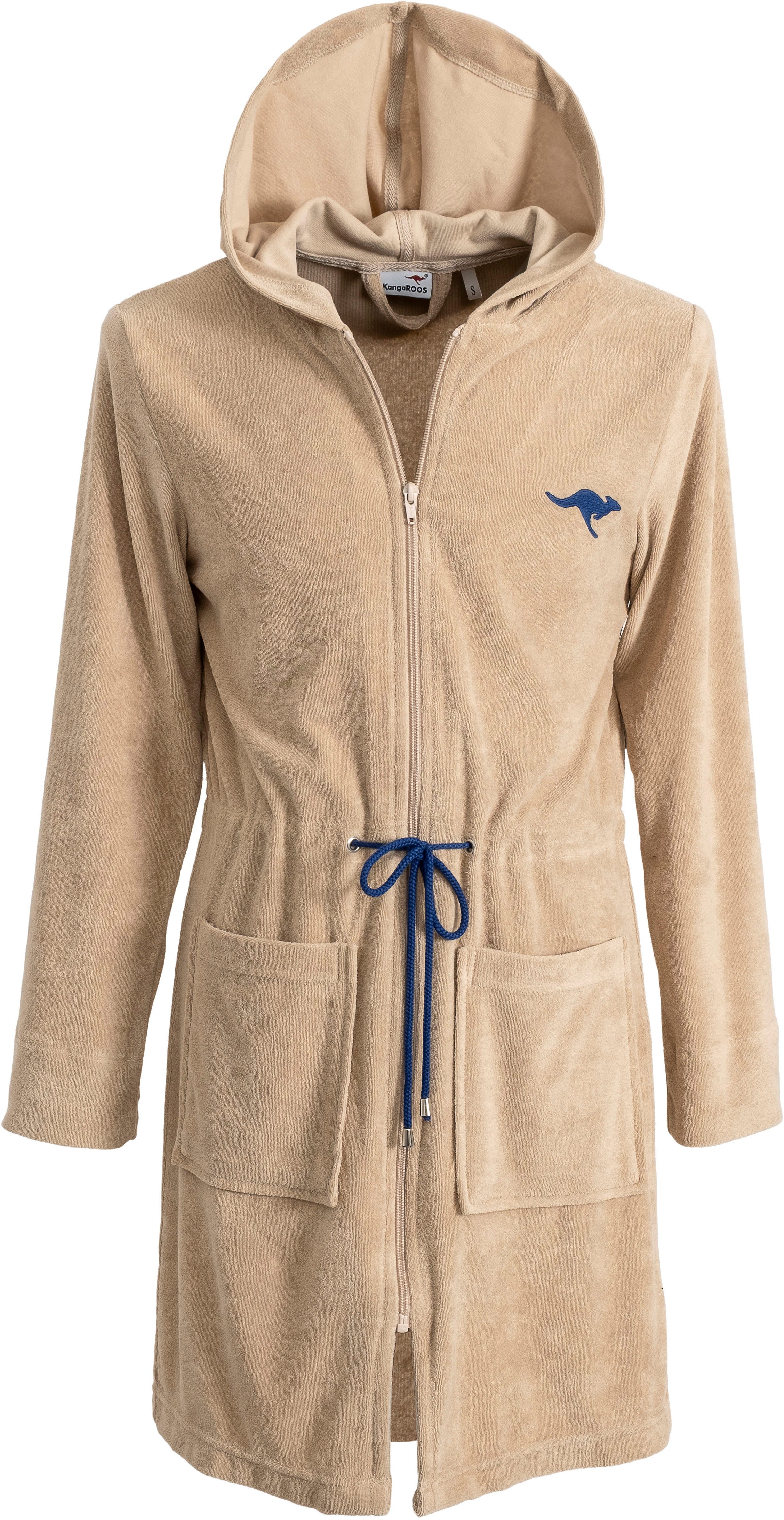KangaROOS Damenbademantel Kira, ideal für Sauna & Spa, Hotelbademantel, Morgenmantel, Kurzform, Leichtfrottier, Kapuze, Reißverschluss, mit Bindekordel, kurz, Bademäntel für Damen, XS-3XL
