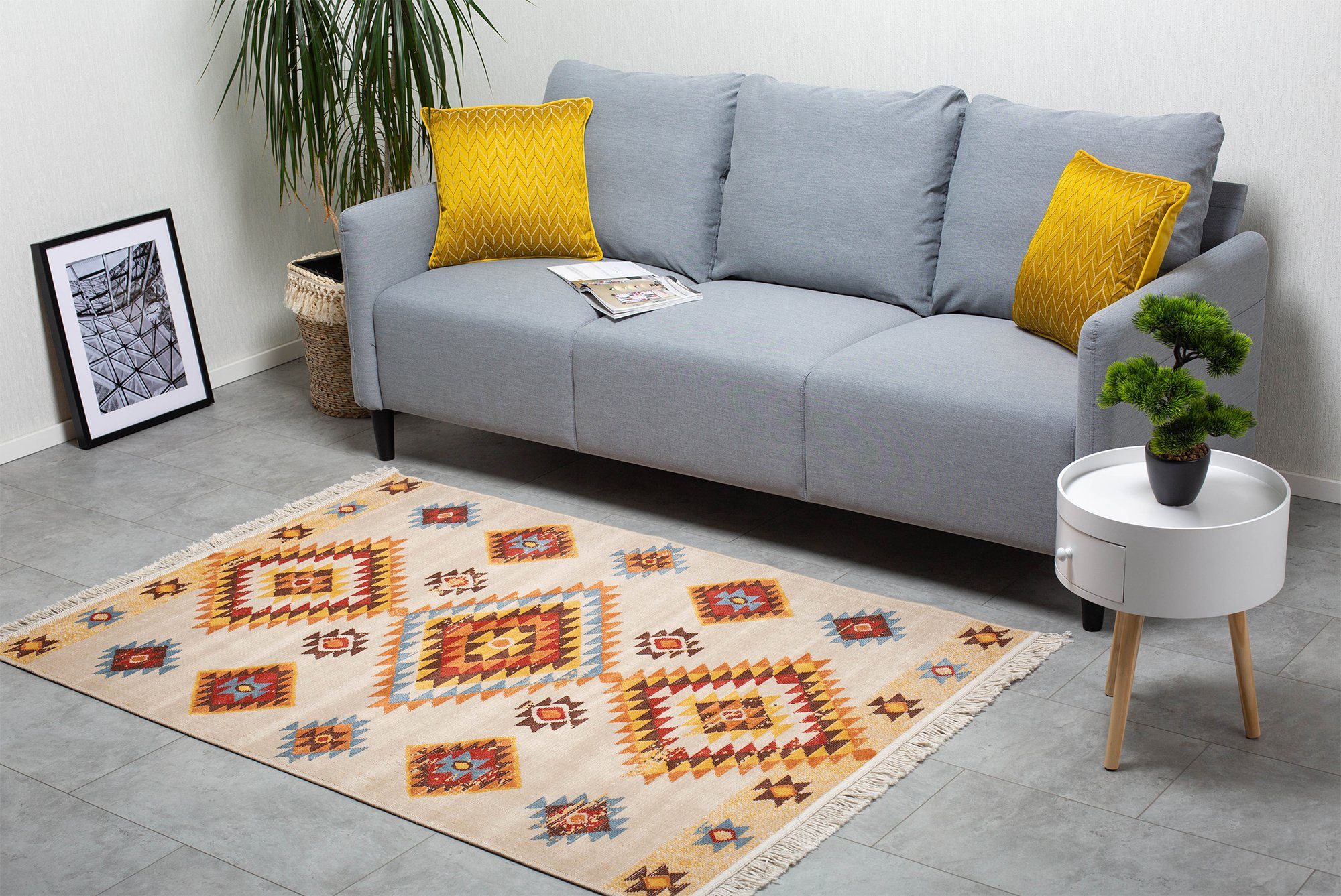 Teppich Fransenteppich LUIS im Ethno-Stil - flexibel & faltbar für Wohnzimmer/Schlafzimmer/Esszimmer, recycelte Baumwolle und Kunstfaser, DomDeco