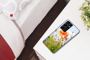 MuchoWow Handyhülle Blumen - Mohn - Frühling - Natur - Rot - Blau, Phone Case, Handyhülle Samsung Galaxy S21 Ultra, Silikon, Schutzhülle
