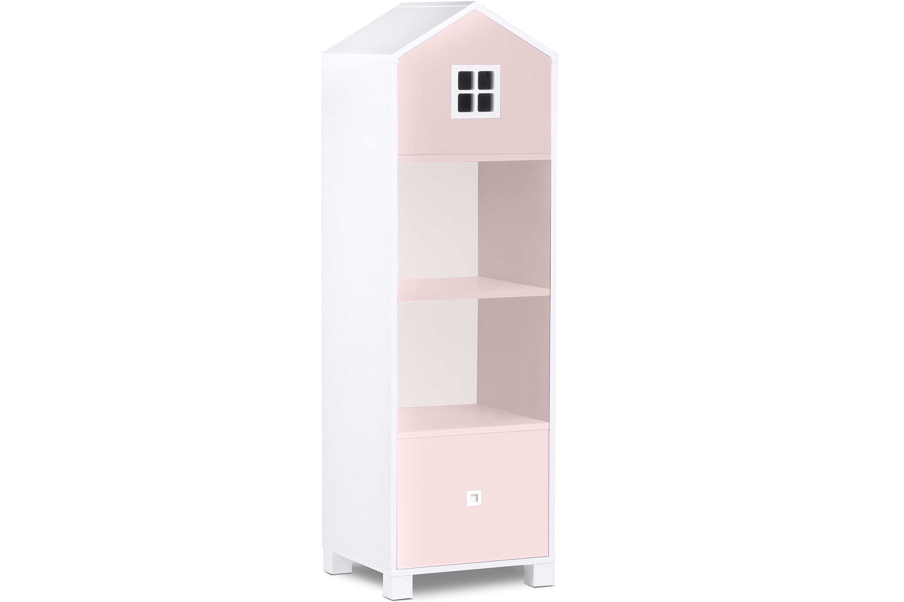 Konsimo Kinderregal MIRUM Bücherregale Standregale Spielzeugablage Hausform Regal, mit Schublade, mit Türen, 3 Einlegeböden weiß / rosa