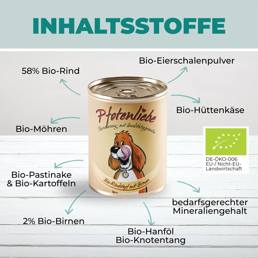 Pfotenliebe Bio-Rindstopf mit Birnen - getreidefrei 6x200g, Nassfutter für: Hunde