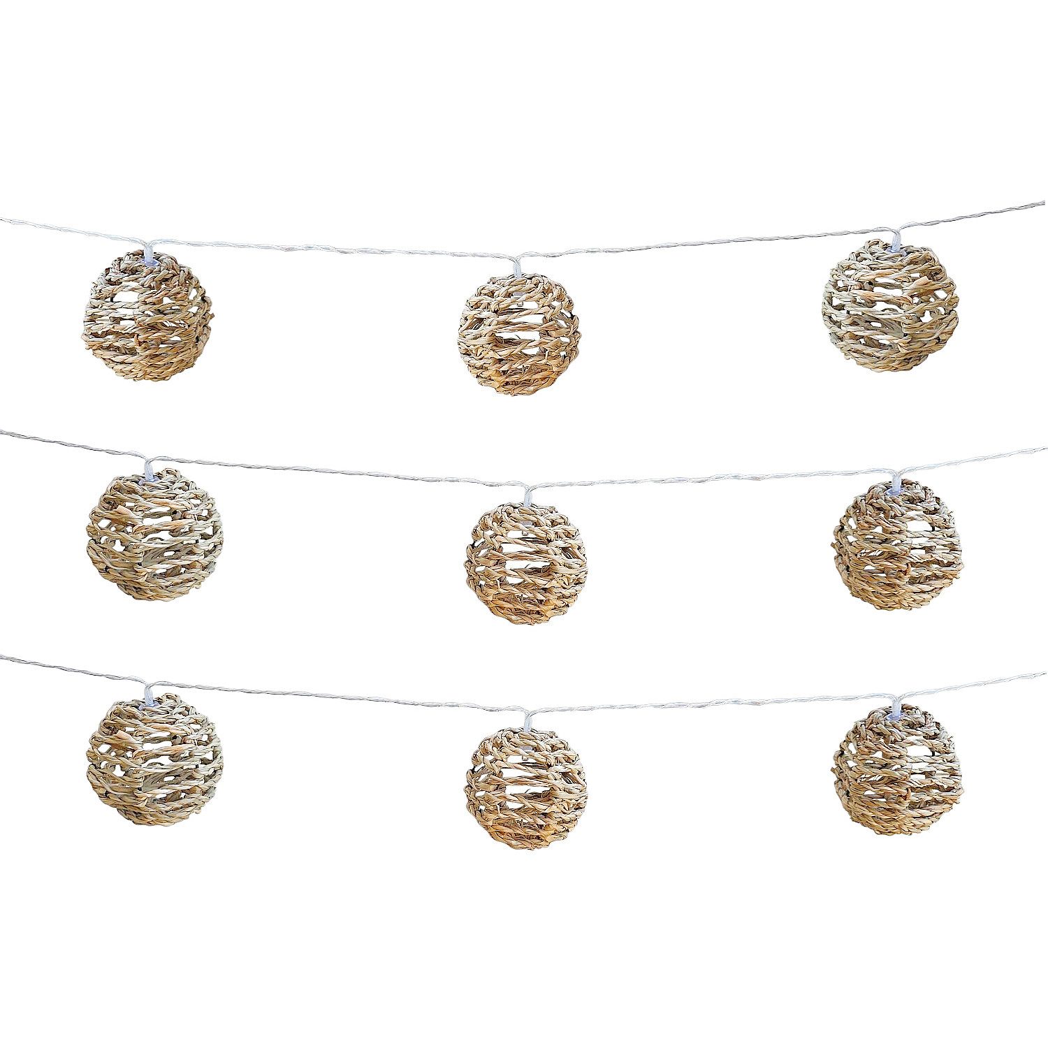 Macosa Home LED-Lichterkette Rattan Kugeln warmweiß IP44 für Außen & Innen Boho LED Lichterkette, 180 cm mit Natur-Lampenschirmen LED