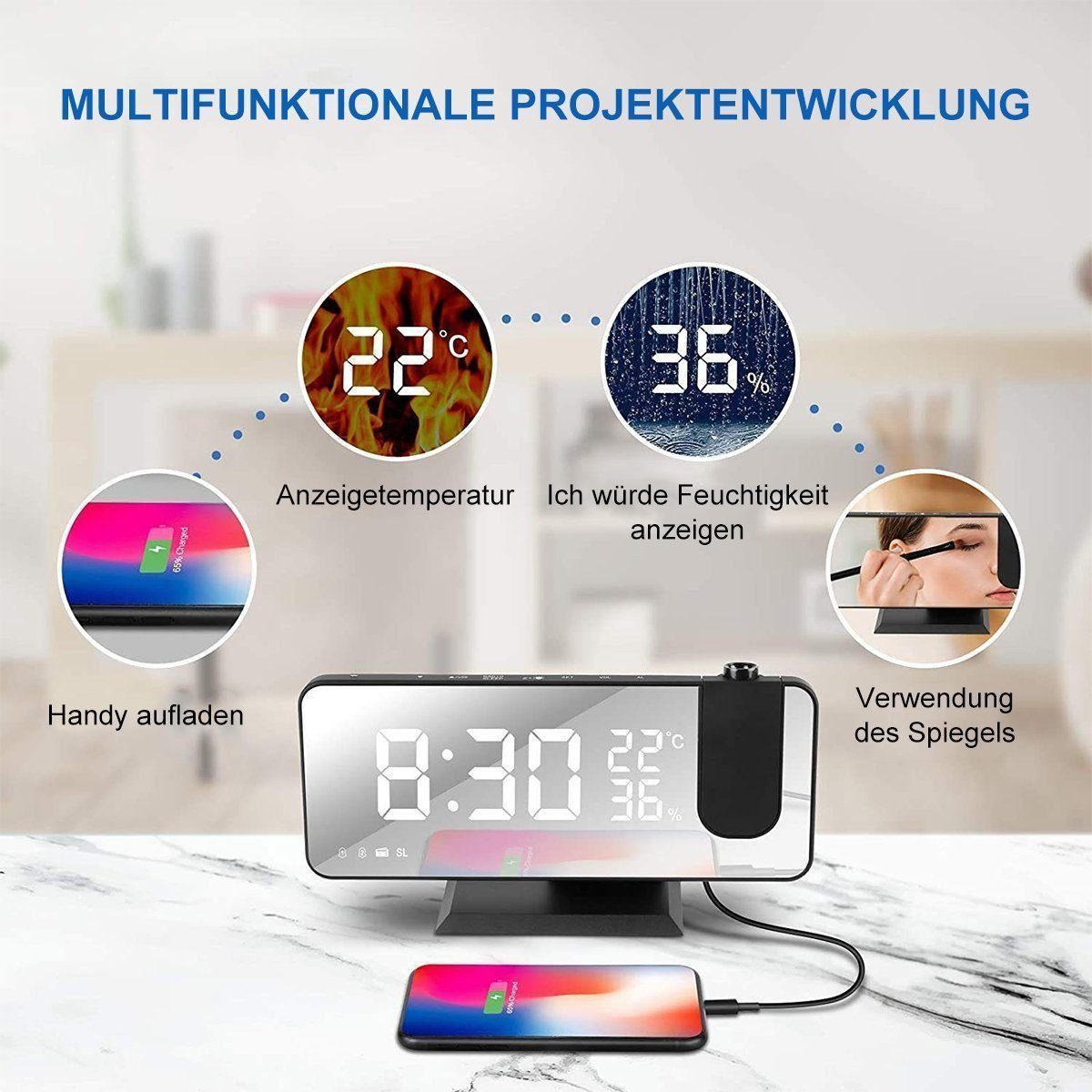 Welikera Funk-Radiowecker Projektionswecker, 15 Lautstärkestufen Temperatur günstig online kaufen