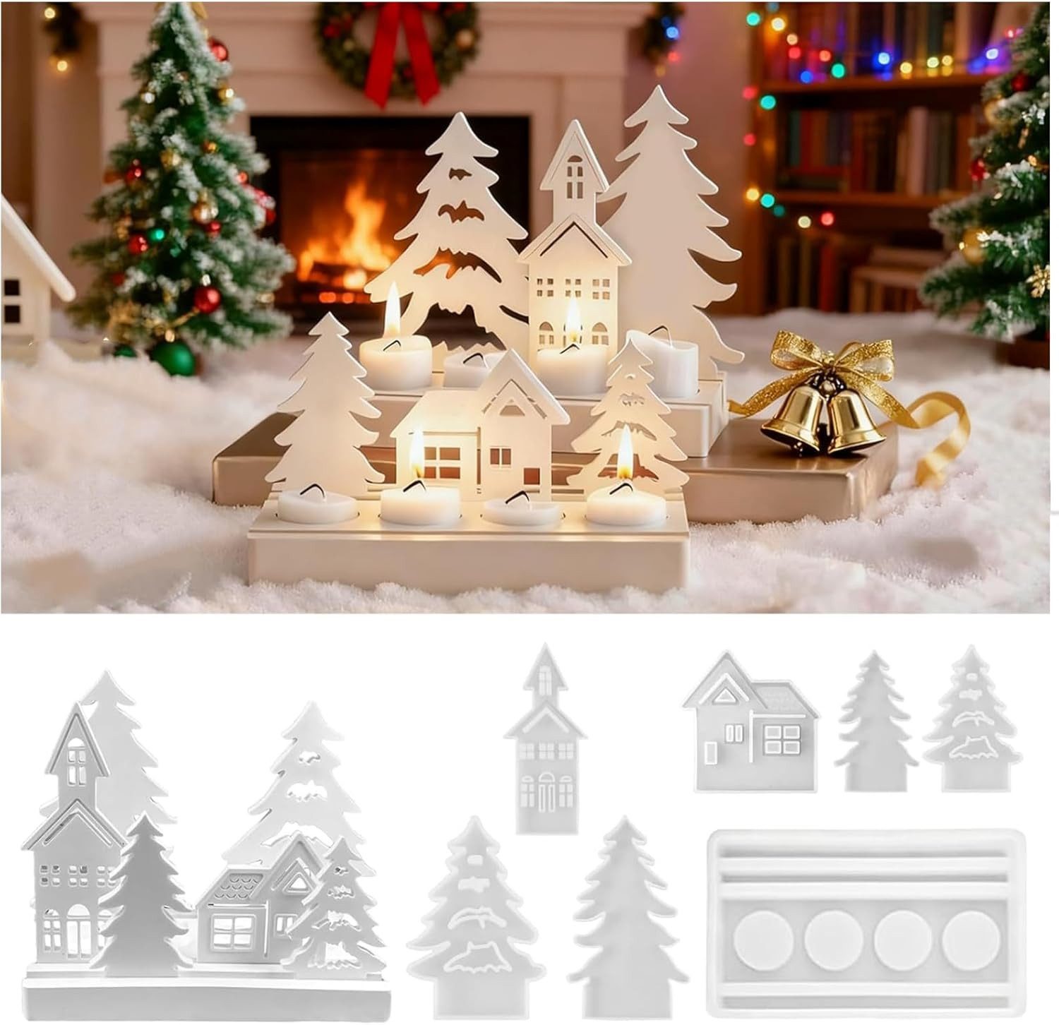 Diwzbyn Silikonform 7 Stück Weihnachts Silikonformen Gießformen, (Häuser Baum Silikonformen Gießformen Kerzenhalter Silikonform 7-tlg), Silikonform Haus Weihnachts Gießform Häuser für Gips
