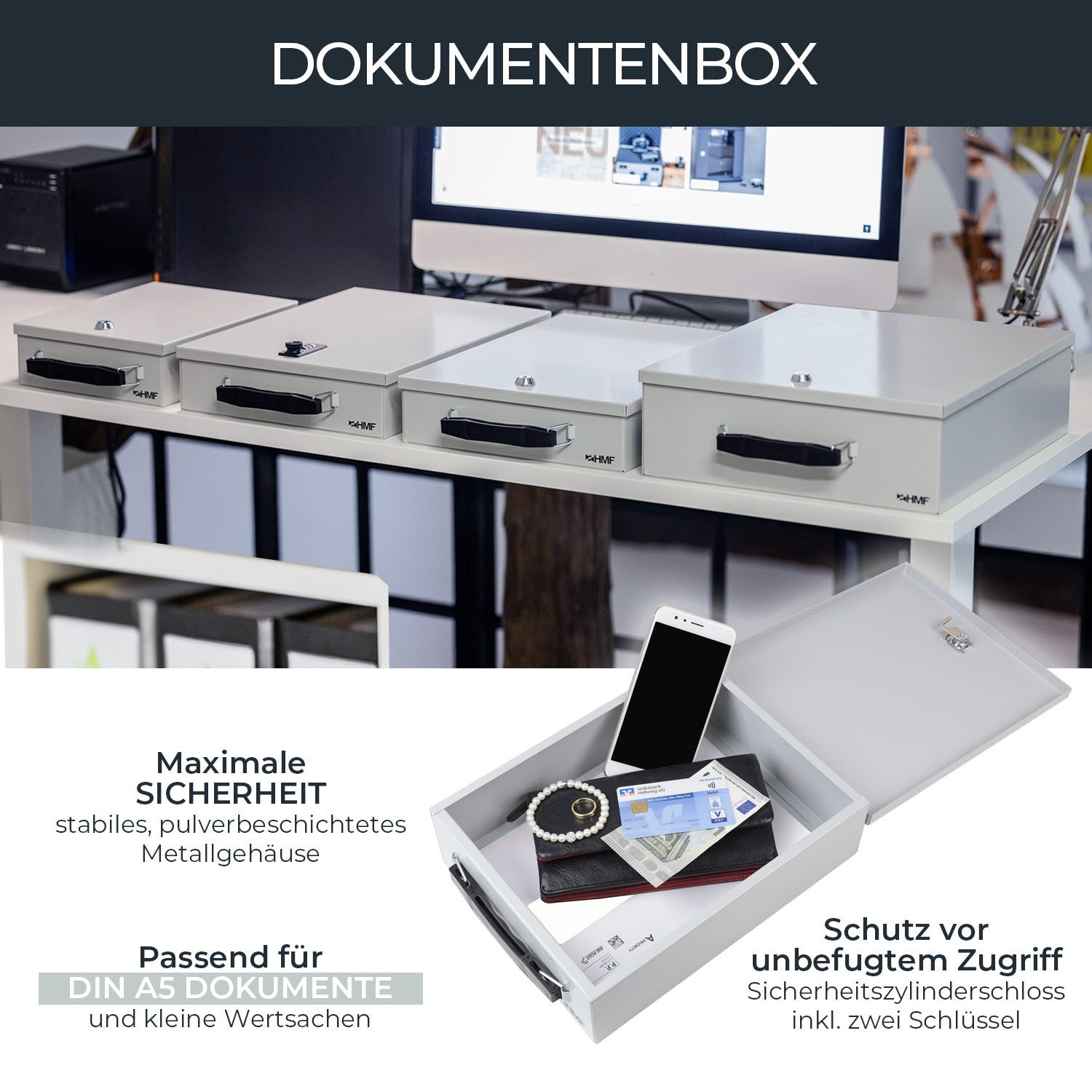 HMF Geldkassette Abschließbare Dokumentenkassette DIN A5, Dokumentenbox, 27 x 20,5 x 8 cm, Lichtgrau