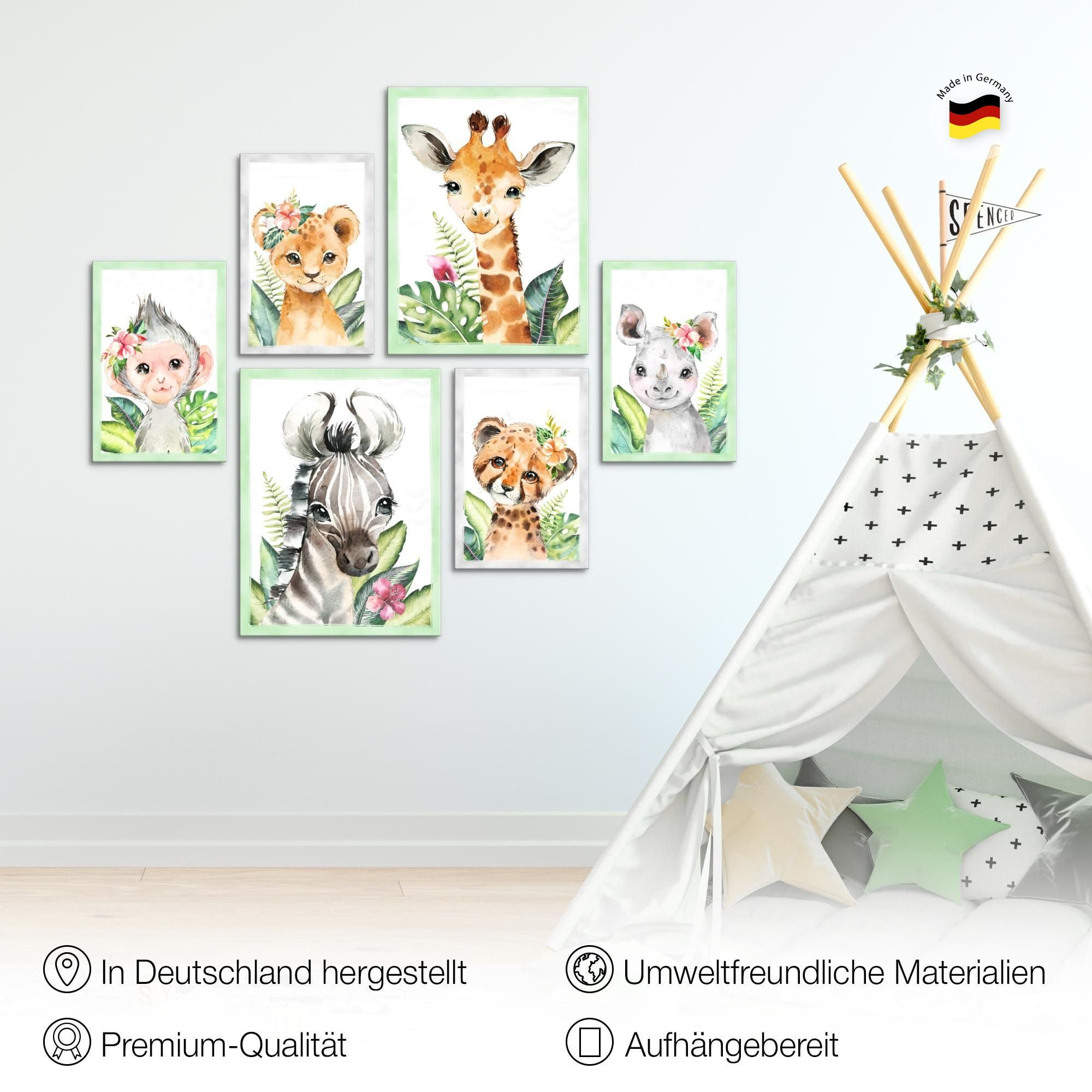 Novart Wandbild Tiere Afrika Grün AUFHÄNGFERTIG Deko Kinderzimmer Mädchen Junge N0173, 102L x 84B cm