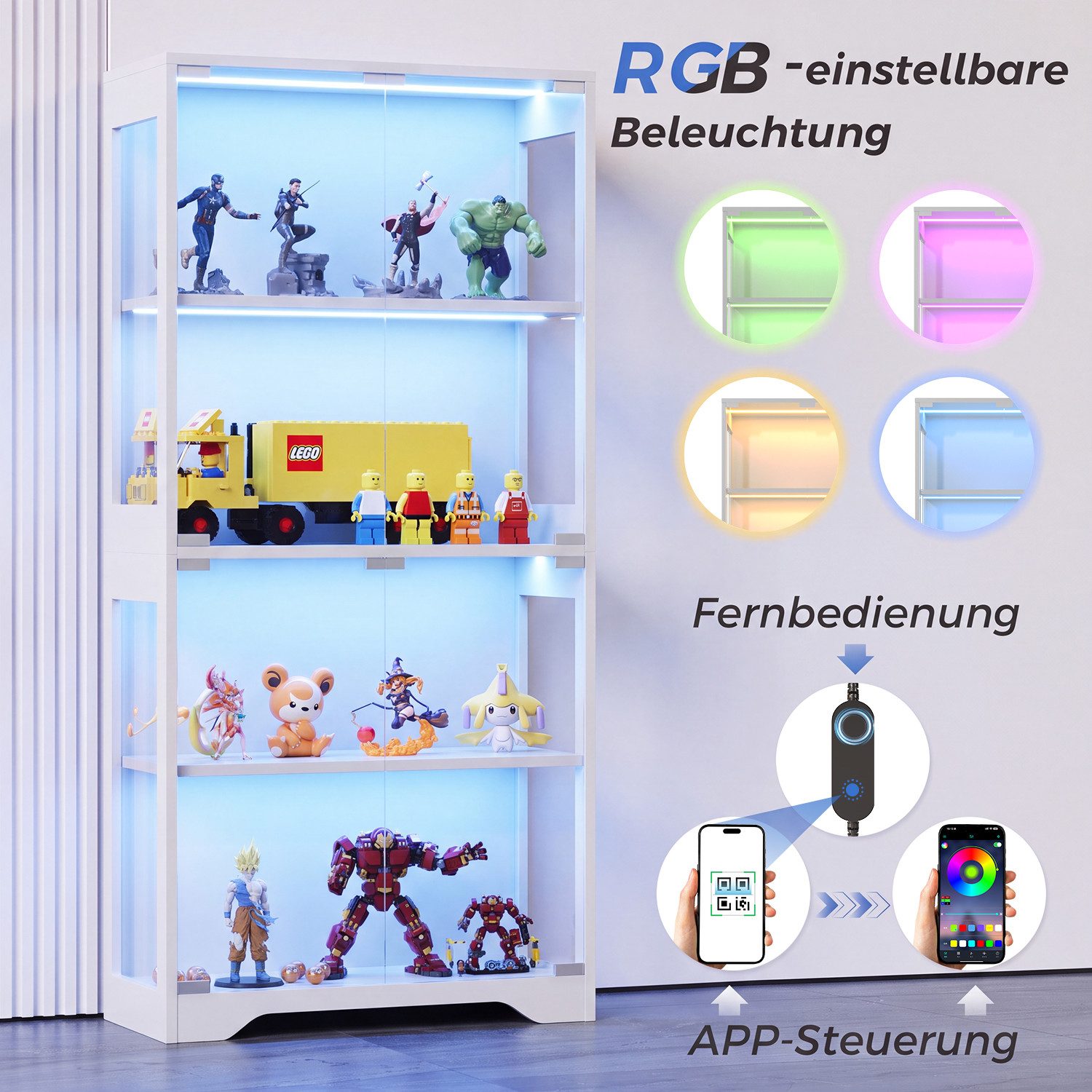 Furnicopia Glasvitrine mit RGB-LED-Beleuchtung Standvitrinen, vitrine Wohnzimmer (165*80*35 cm große multifunktionale Vitrine mit App-/manueller Beleuchtungsste – Bild 4 von 5