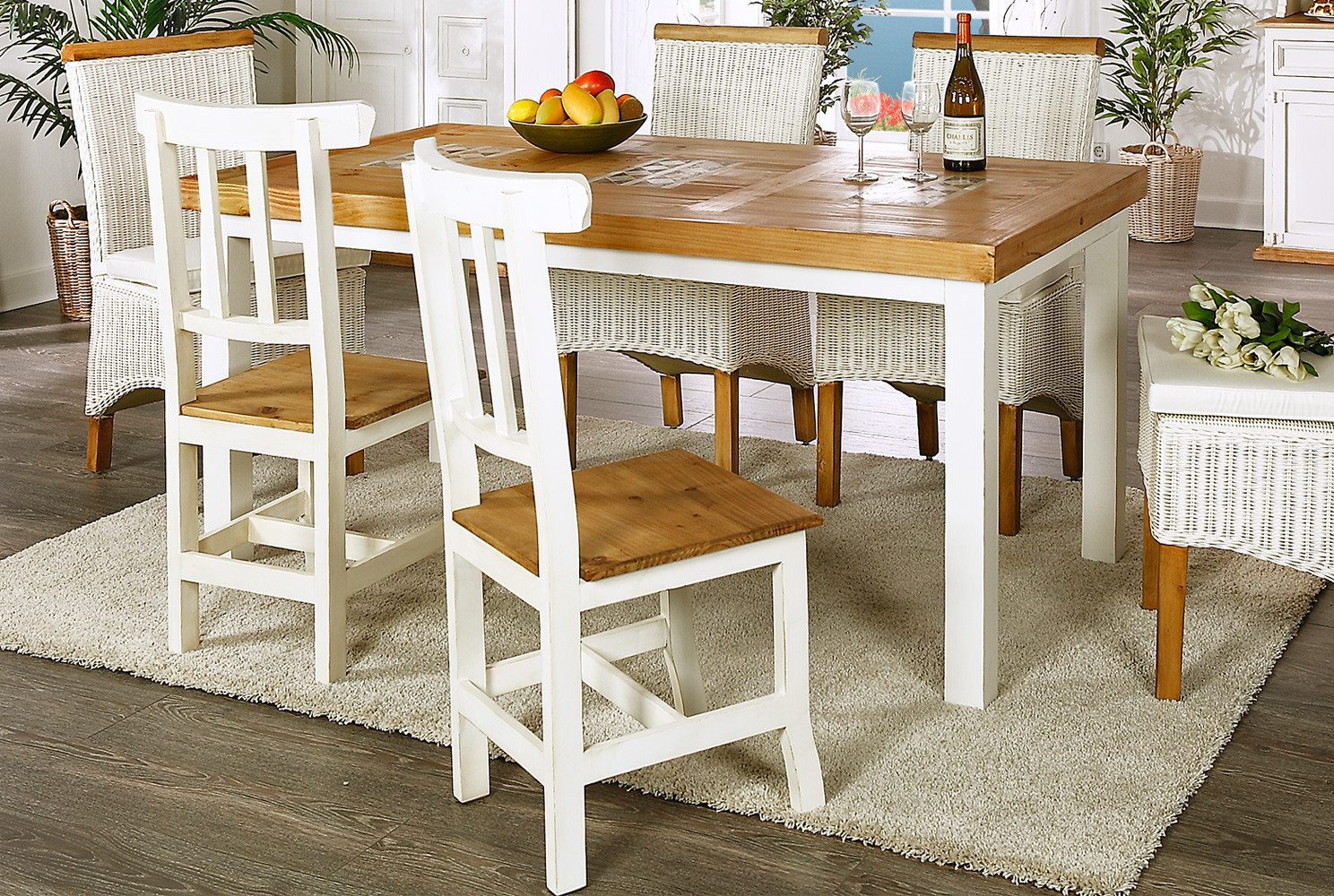 1a Direktimport Esszimmerstuhl Esszimmerstuhl Стулья MEXICO Weiß Natur - Pinie Massivholz - Landhausm