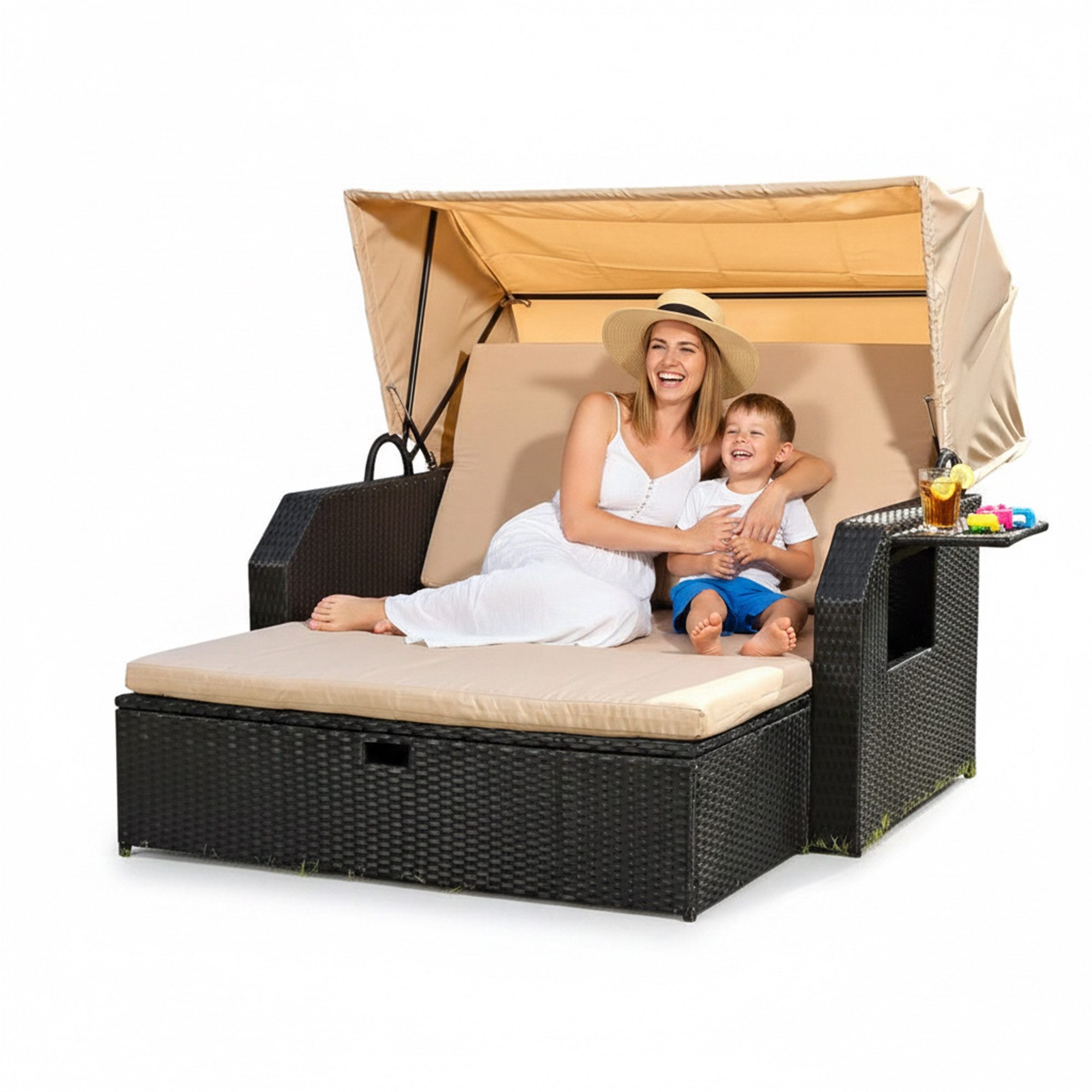 Mucola Strandkorb Strandkorb Sonnenliege Sonnenbett mit Dach aus Polyrattan Relaxliege, BxTxH: 145,00x143,00x130,00 cm, (Stück, 1-tlg), Sonnenschutzdach