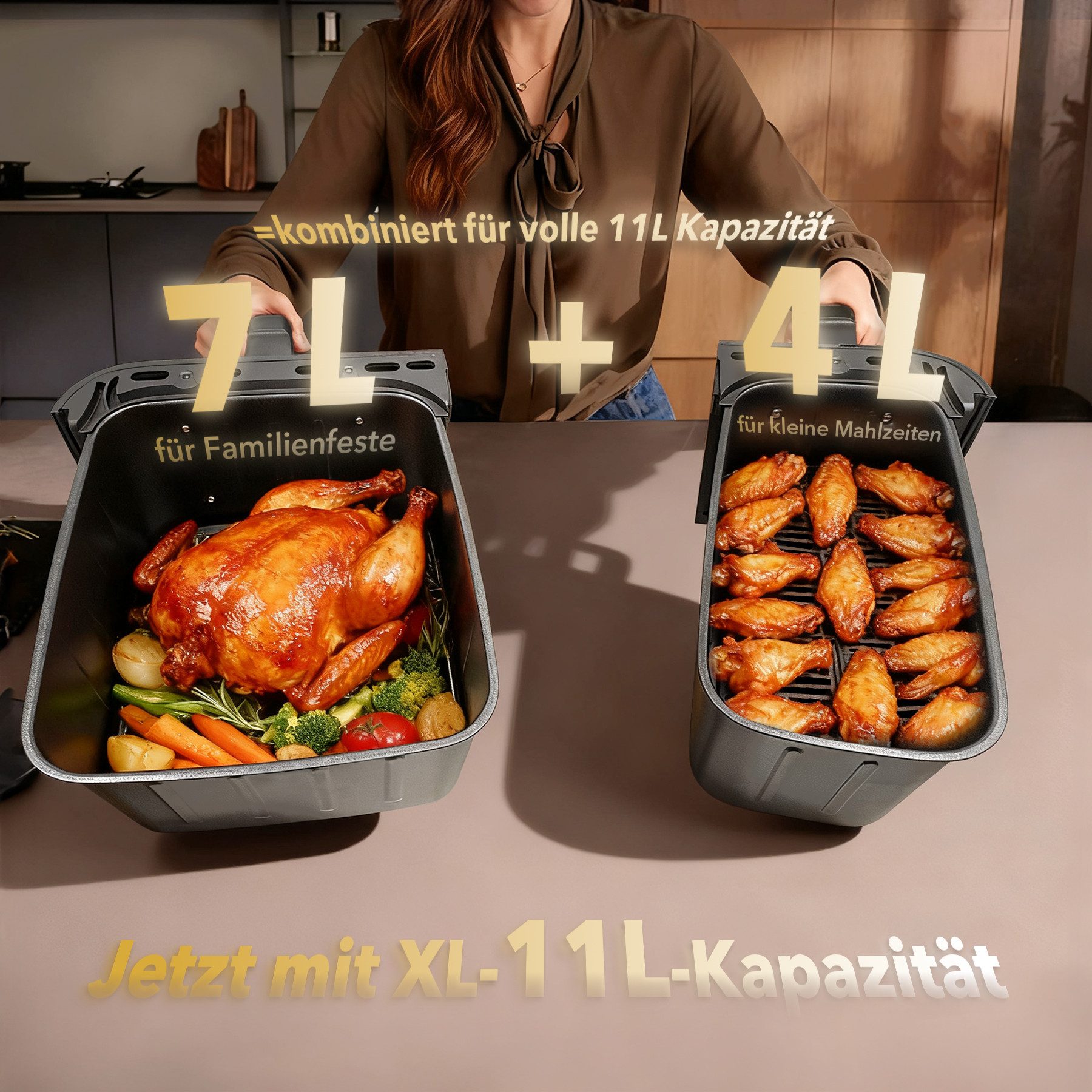 WELLENT Heißluftfritteuse 2 kammern,XXL Airfryer,10-in-1 LED-Touchscreen,energie-&zeitsparend, 2600 W, Antihaft-Metallkörbe, fettarmes gesundes Kochen für Familie&Party