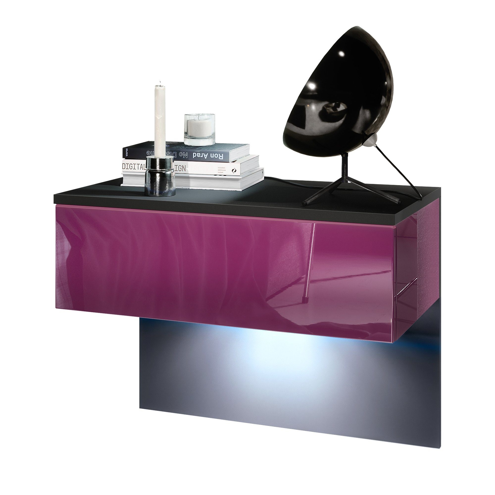 Vladon Nachttisch Sleep (Nachttischschrank, mit Schublade zur Wandmontage), Schwarz matt/Brombeer Hochglanz, inkl. LED-Beleuchtung (60x46x35 cm)