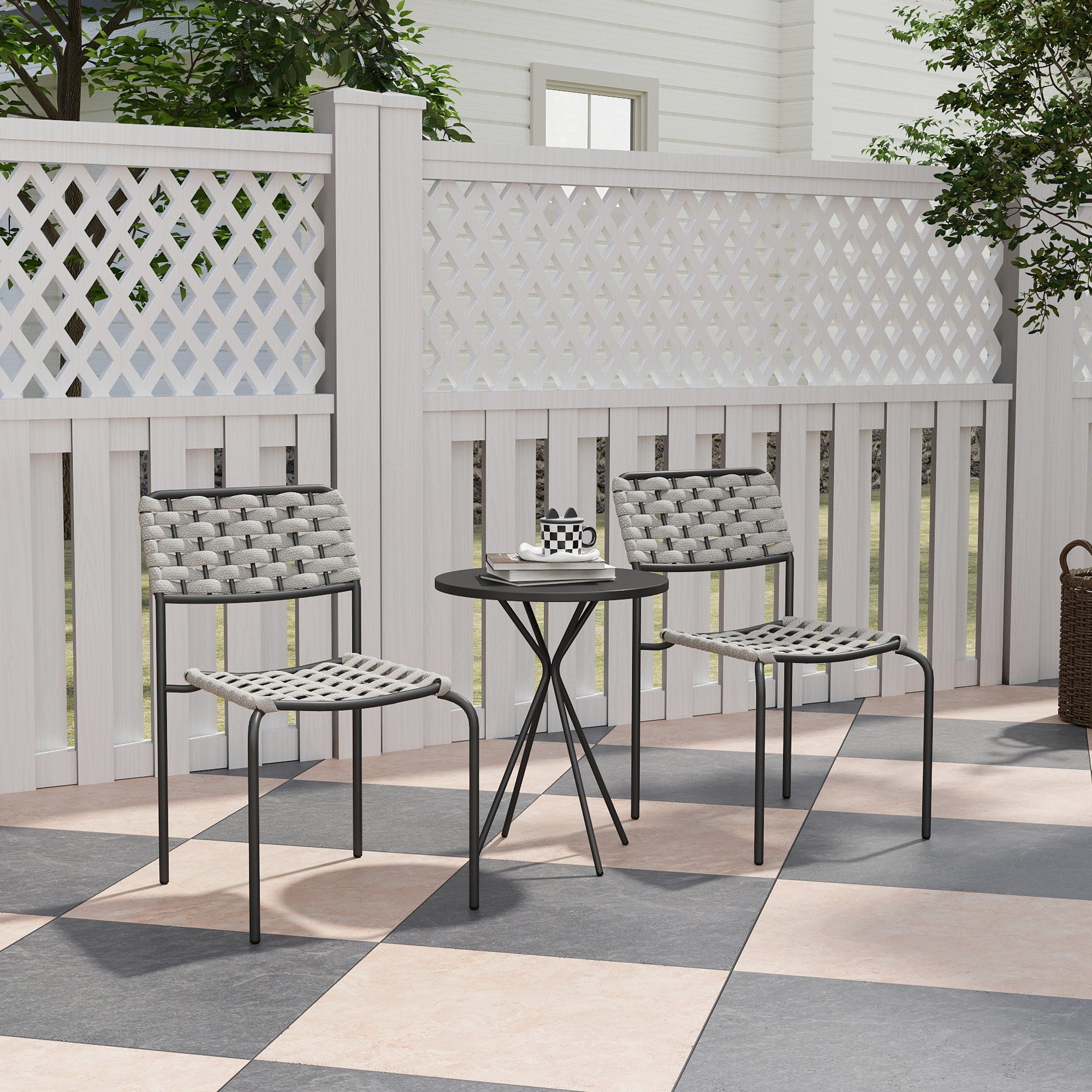 Outsunny Gartenlounge-Set Sitzgruppe mit 2 Stapelbare Stühle und Tisch, (wetterfest Balkonmöbel für 2 Personen, 3-tlg., Polyrattan Gartenmöbel Set), für Garten, Terrasse Balkon, Grau