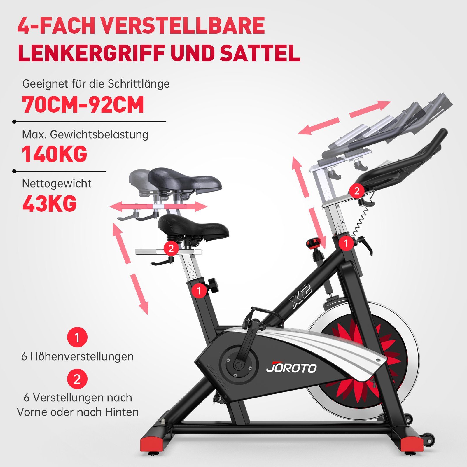 JOROTO Speedbike Ergometer Heimtrainer X2 & X2PRO mit multifunktionalem Display (Indoor Cycling Bike), Heimtrainer Fahrrad mit Kraftvoller Magnetbremse & Riemenantrieb