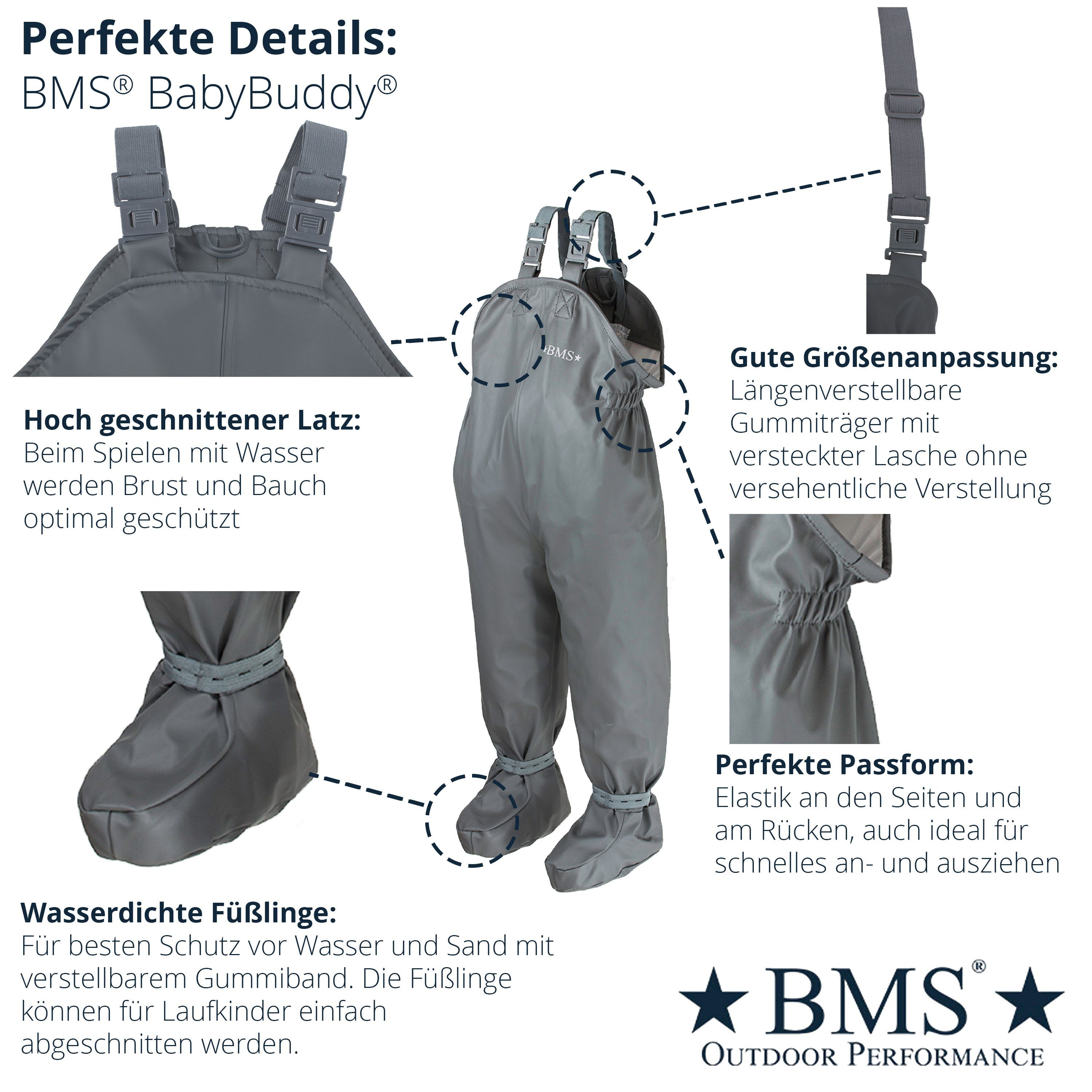 BMS Regen- und Matschlatzhose - wasserdichte integrierte BMS grau integrierten BabyBuddy mit Füsslinge Krabbelhose Füsslingen