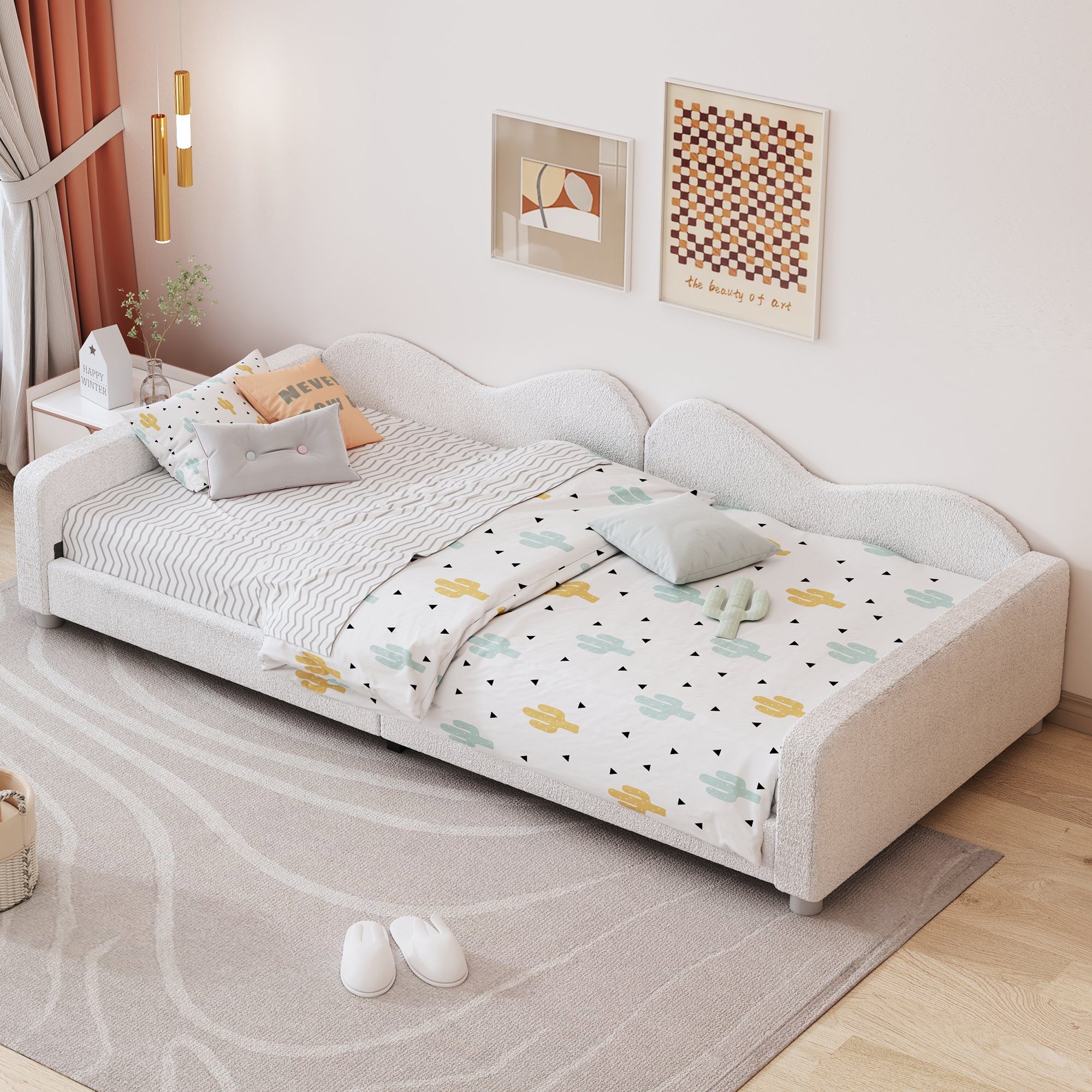 ohne Multifunktionales Kinderbett, weiches Jugendbett cm Matratze REDOM Schlafsofa und Bettgestell Bett), Armlehnen, (mit Gästebett Rückenlehne weiß 90x200 Polsterbett Teddystoff