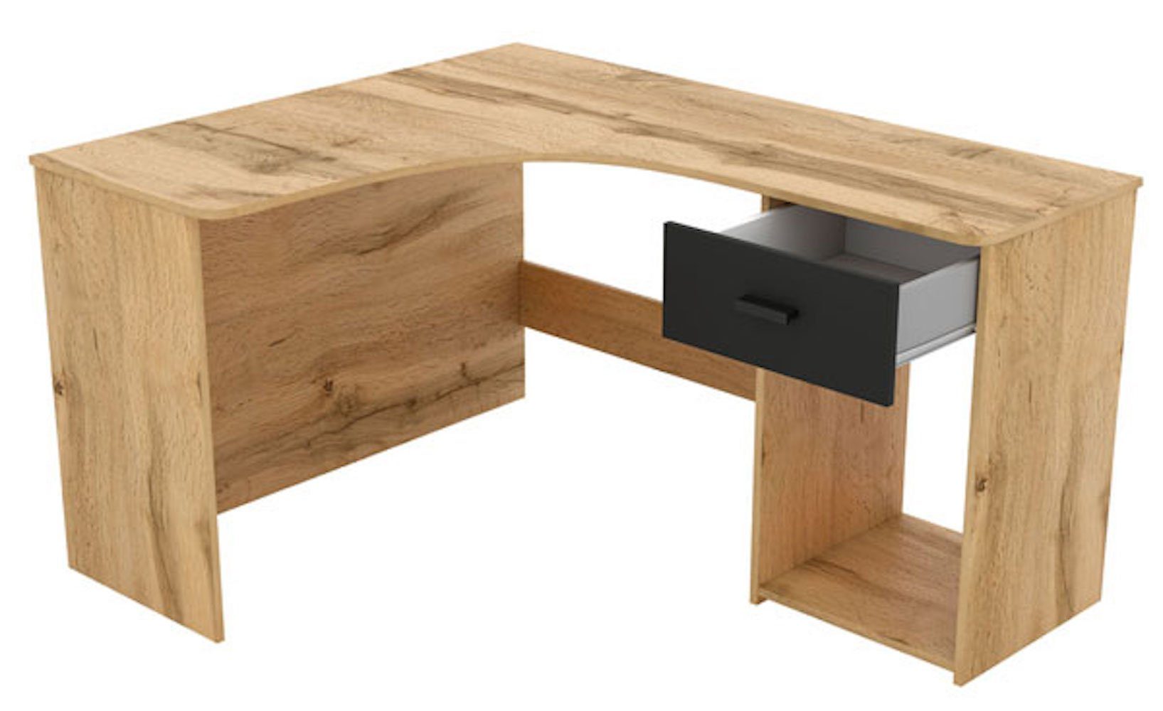 Helvetia Eckschreibtisch Cheb (Eckarbeitsplatte, 1 Schublade, 1 Fach, 1-St., moderne Optik, ergonomisch geformt), 155x125x75cm Wotan Eiche schwarz mit Schublade