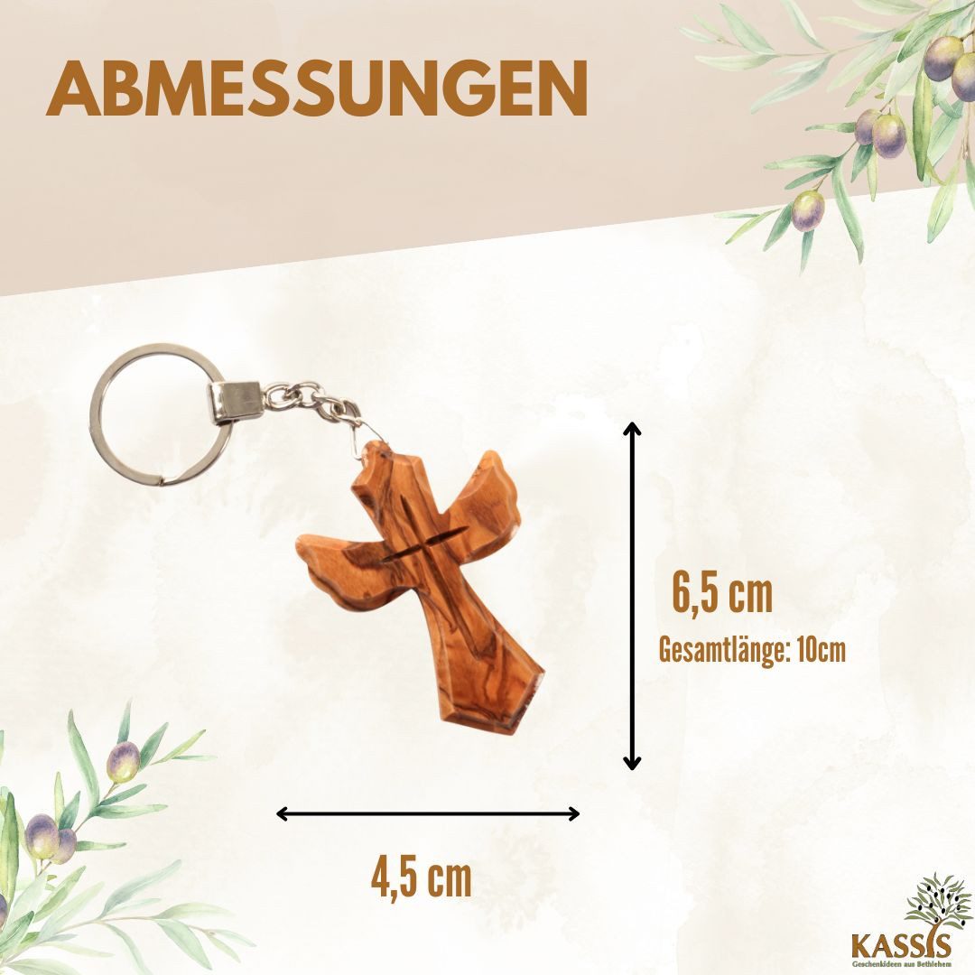 Kassis Geschenkartikel Schlüsselanhänger Schlüsselring mit Kreuz in Engelsform aus Olivenholz, handgefertigt in Bethlehem, Geschenk zu mehreren Anlässen