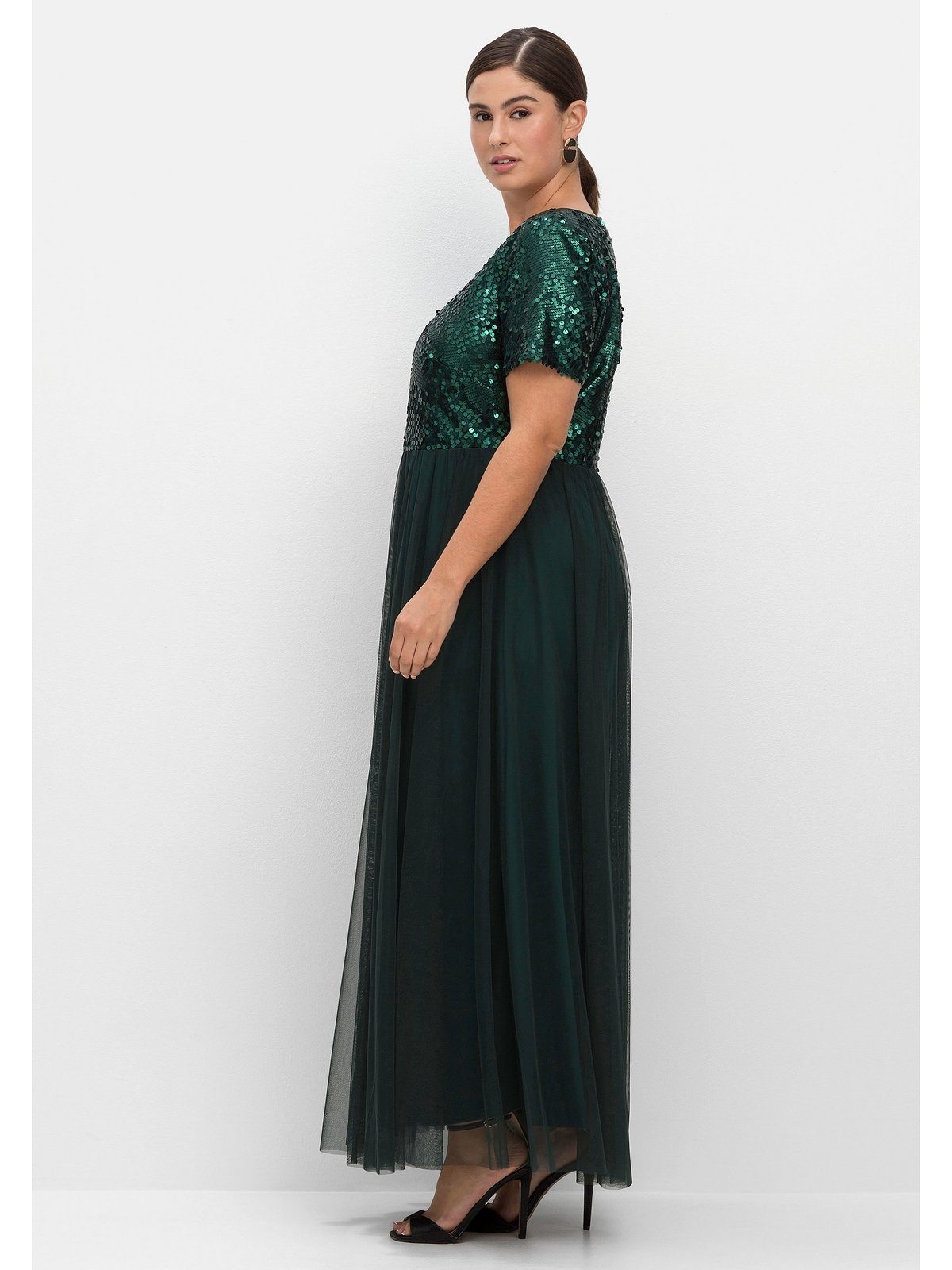 Pailletten Größen tiefgrün Abendkleid in mit Große Sheego A-Linie