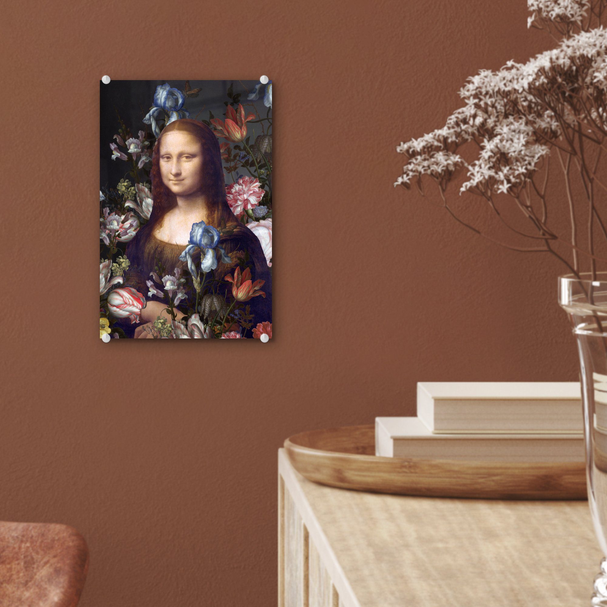 Acrylglasbild St), Leonardo - MuchoWow Mona Vinci Blumen, auf Glasbilder - - bunt Wandbild Glas - Foto (1 Glas Bilder - Lisa auf da Wanddekoration