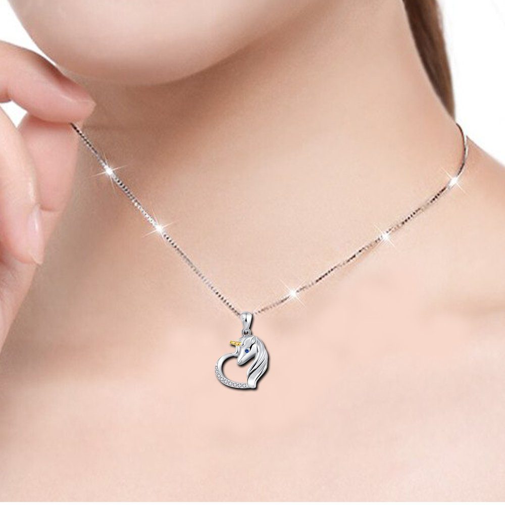 Limana Silberkette 925 Sterling Silber Pferd Einhorn Herz Kette mit Anhänger (inkl. Herz Gravur Geschenkdose), Kinderkette Mädchenkette Geschenk für Kinder Mädc – Bild 2 von 5