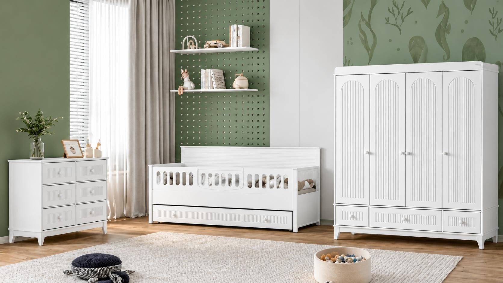 JVmoebel Bettanlage Kinderzimmer Set Weiß mit Kinderbett Kleiderschrank, (3-tlg)