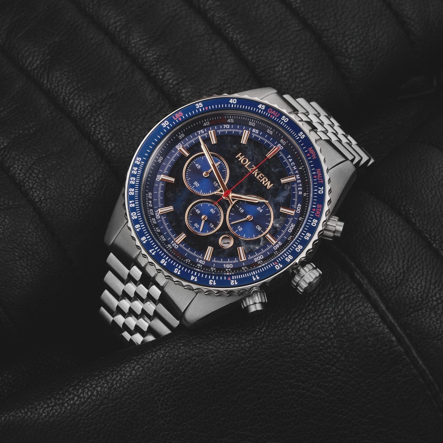Holzkern Quarzuhr Chronograph Openhorizon Marmor Blau