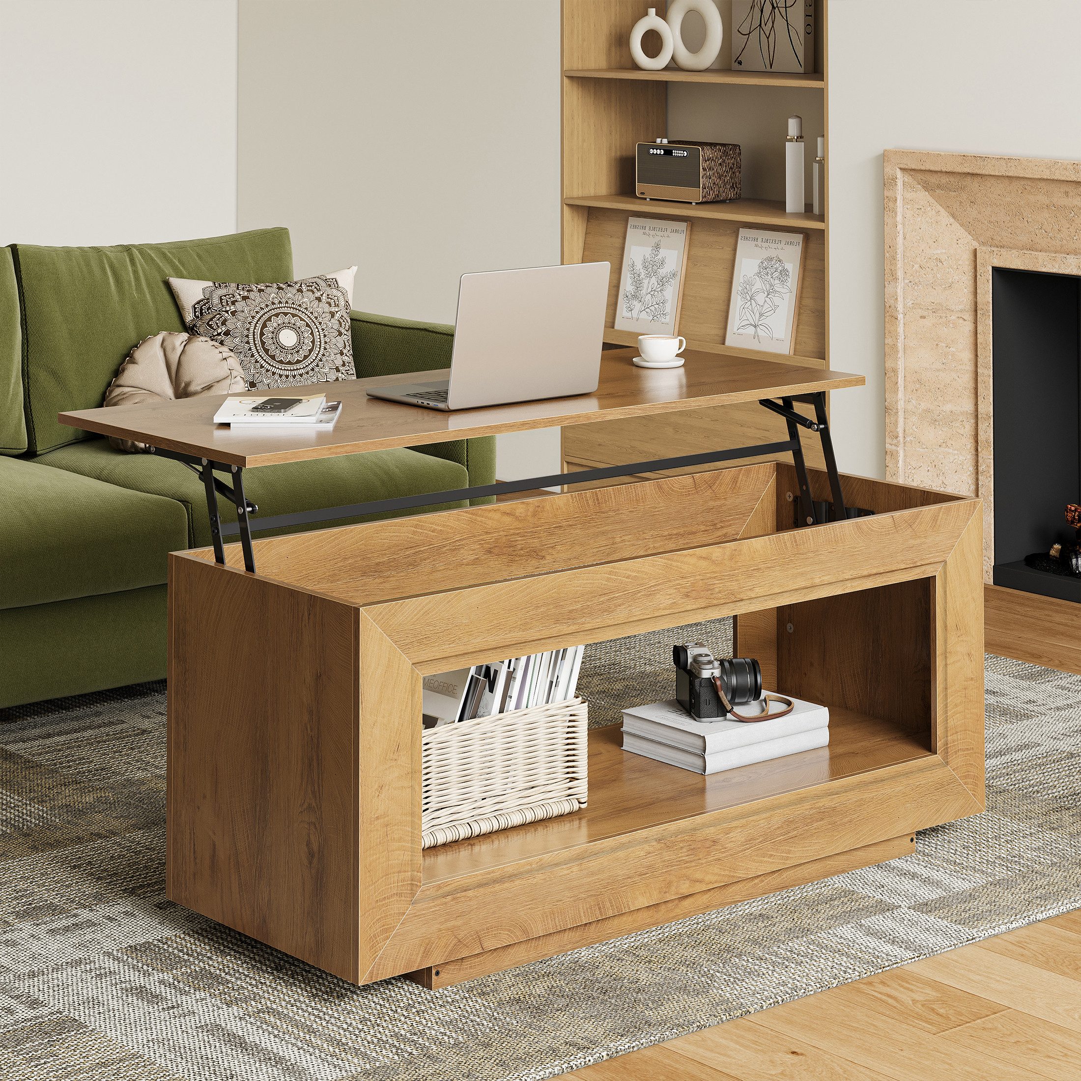 FABATO Couchtisch Multifunktionaler hebbarer Couchtisch mit Stauraum (1-St), aus Naturholz– ideal als Wohnzimmer-Mitteltisch