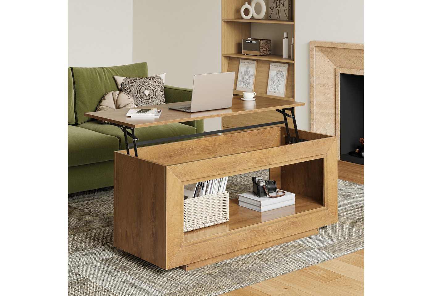 FABATO Couchtisch Multifunktionaler hebbarer Couchtisch mit Stauraum (1-St), aus Naturholz– ideal als Wohnzimmer-Mitteltisch