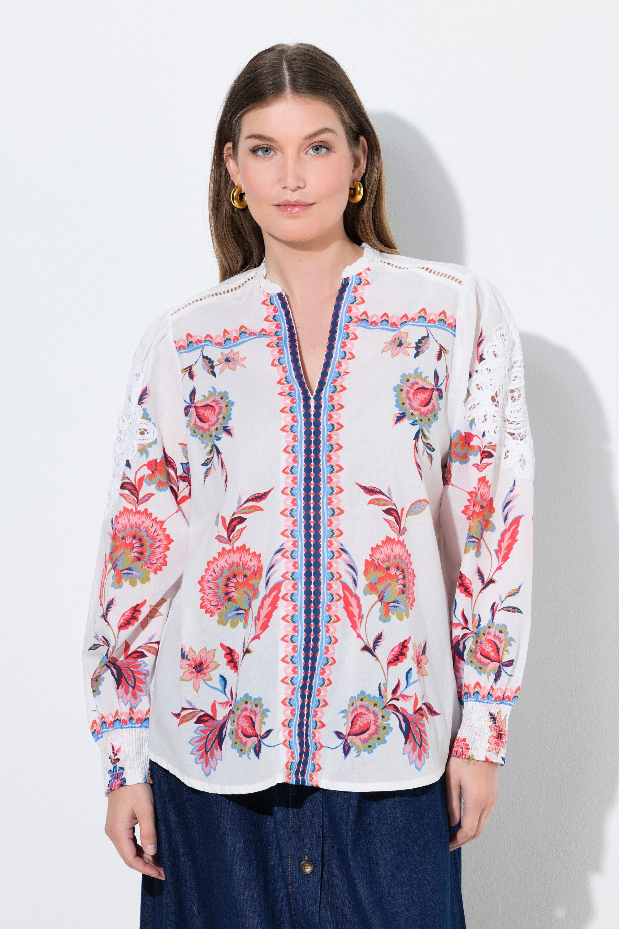 Ulla Popken Tunika Bluse Lochstickerei V-Ausschnitt Langarm günstig online kaufen