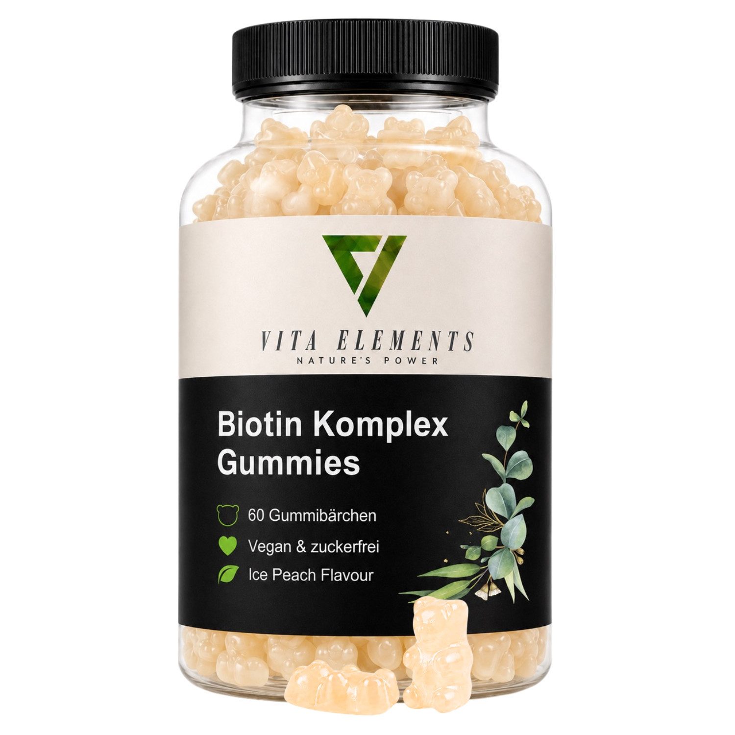 Vita Elements Biotin Komplex Gummies - 5000µg Biotin mit 8 Nährstoffen, 60 Gummibärchen, 1 er Packung à 60 St., Vegan, Zuckerfrei, Ice Peach Flavour, Laborgeprüft in Deutschland