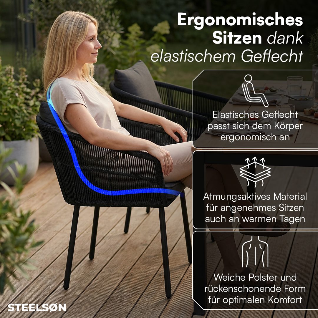 STEELSØN Gartenstuhl Nair mit Sitzauflagen & Kissen (4er Set, schwarz), Gartensessel aus Polyrattan, elastisches Seilgeflecht, wetterbeständig