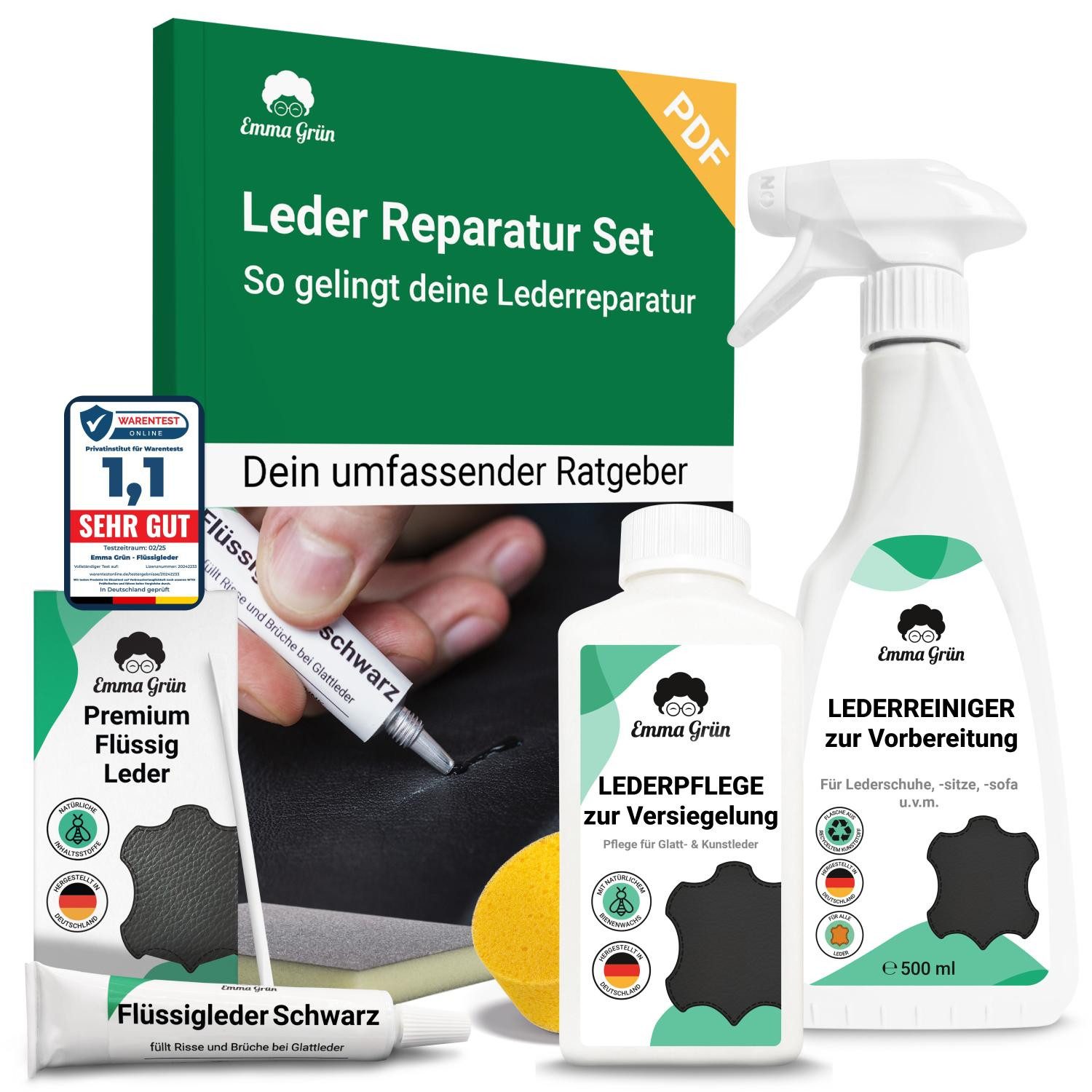 Emma Grün® Leder Komplettset mit Reiniger, Flüssigleder & Lederpflege Lederreiniger