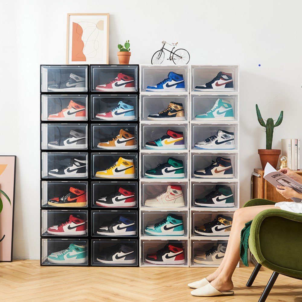 Creliv Schuhbox mit Magnettür – Stapelbare Sneaker Aufbewahrung bis Gr. 48 (4 St)