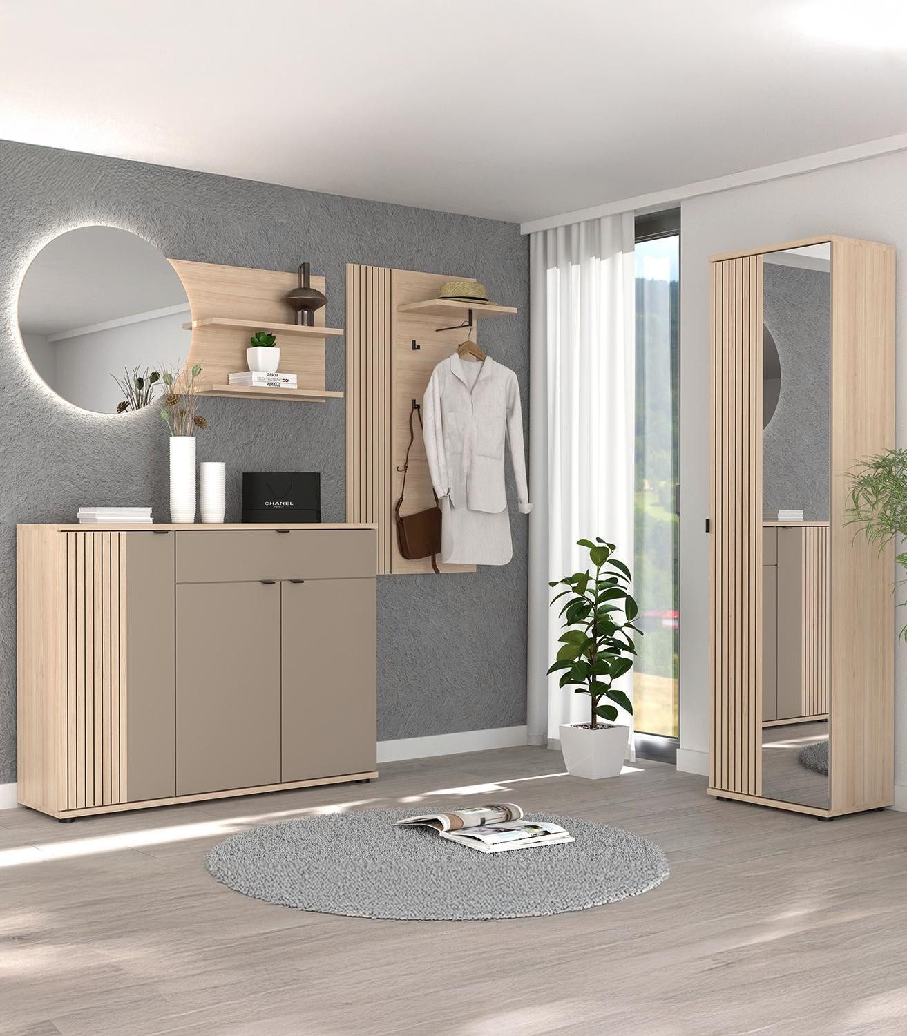 Innostyle Schuhschrank PISA, Basaltfarben, Riva Eiche Dekor, 3 Türen, 1 Schublade, Soft-Close-Funktion, B 133 x H 103 x T 38 cm