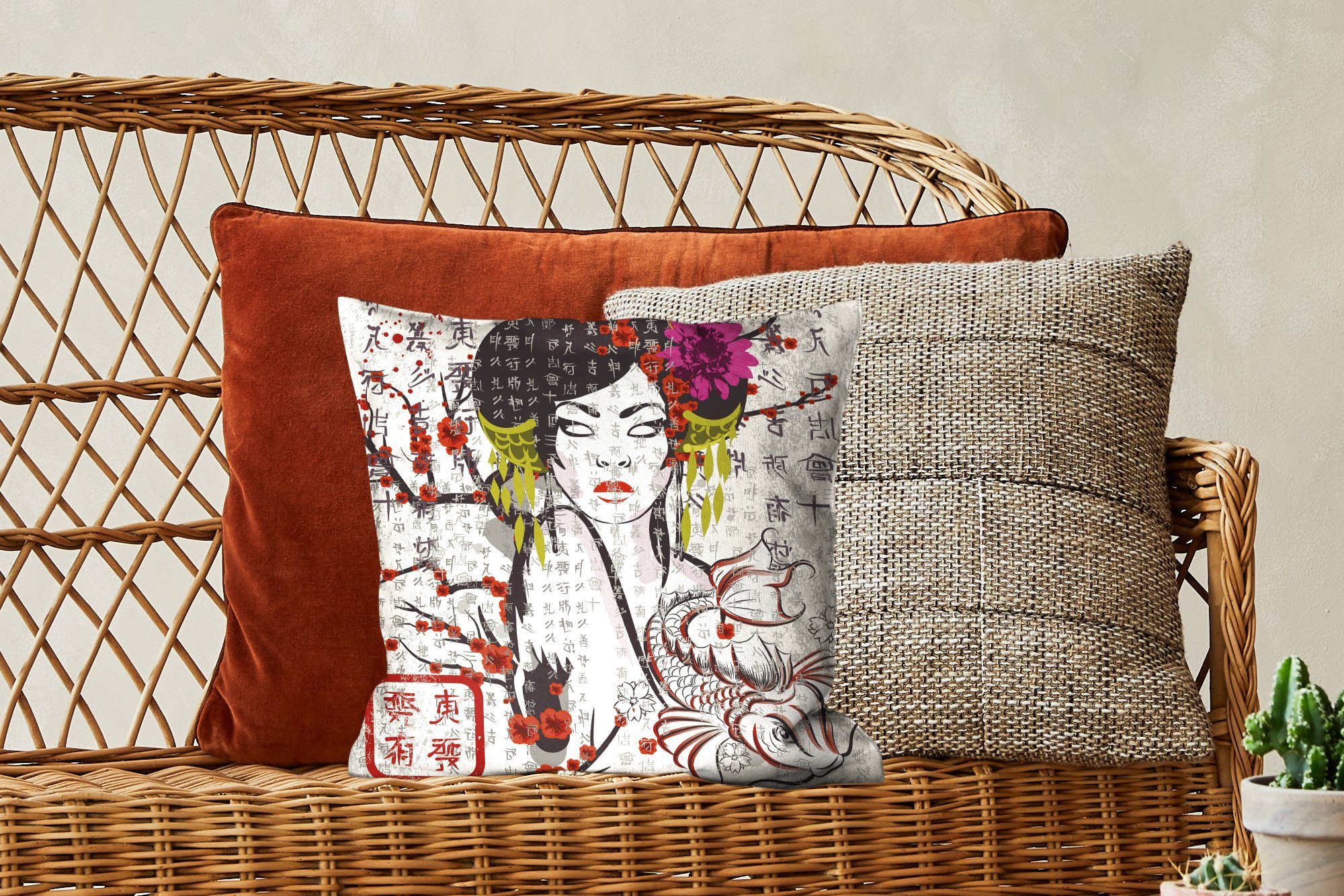 Dekokissen Frau, Deko, Sofakissen Illustration Schlafzimmer, Wohzimmer, Füllung Zierkissen Japanische traditionelle mit MuchoWow für